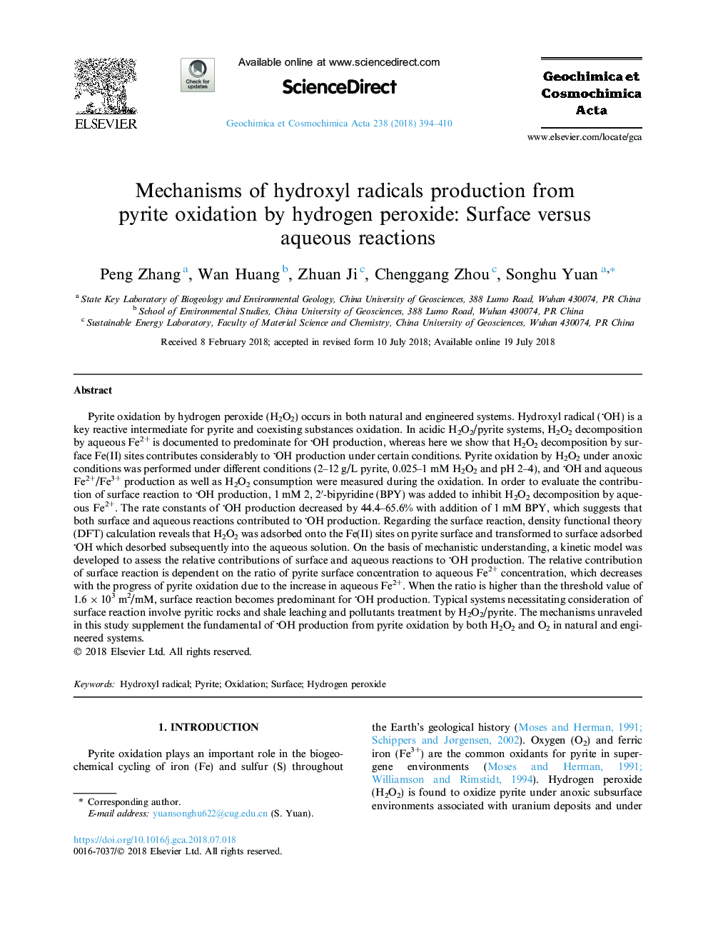 Mechanisms of hydroxyl radicals production from pyrite oxidation by hydrogen peroxide: Surface versus aqueous reactions