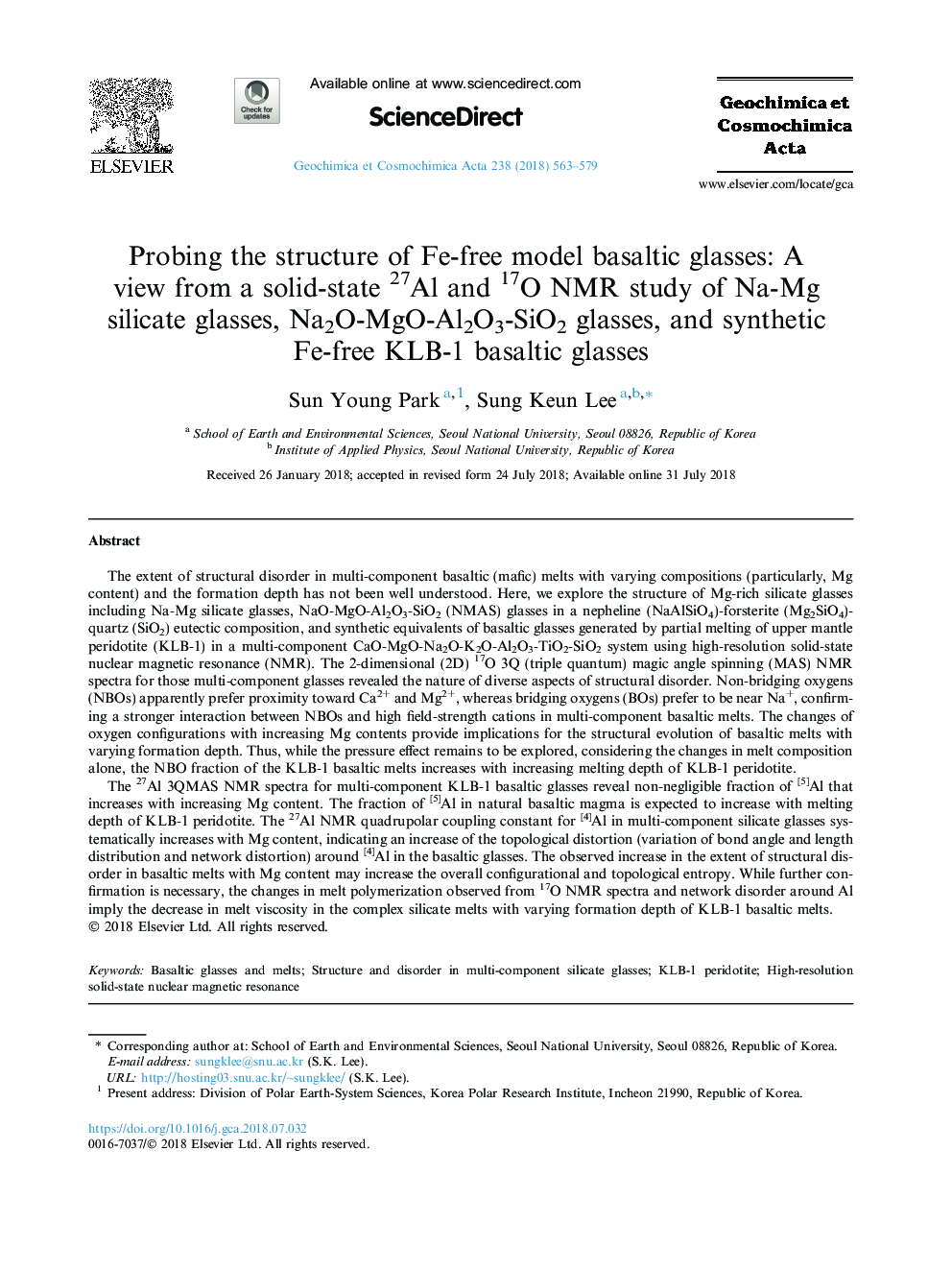 Probing the structure of Fe-free model basaltic glasses: A view from a solid-state 27Al and 17O NMR study of Na-Mg silicate glasses, Na2O-MgO-Al2O3-SiO2 glasses, and synthetic Fe-free KLB-1 basaltic glasses