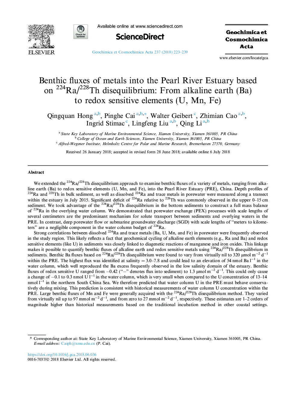 Benthic fluxes of metals into the Pearl River Estuary based on 224Ra/228Th disequilibrium: From alkaline earth (Ba) to redox sensitive elements (U, Mn, Fe)