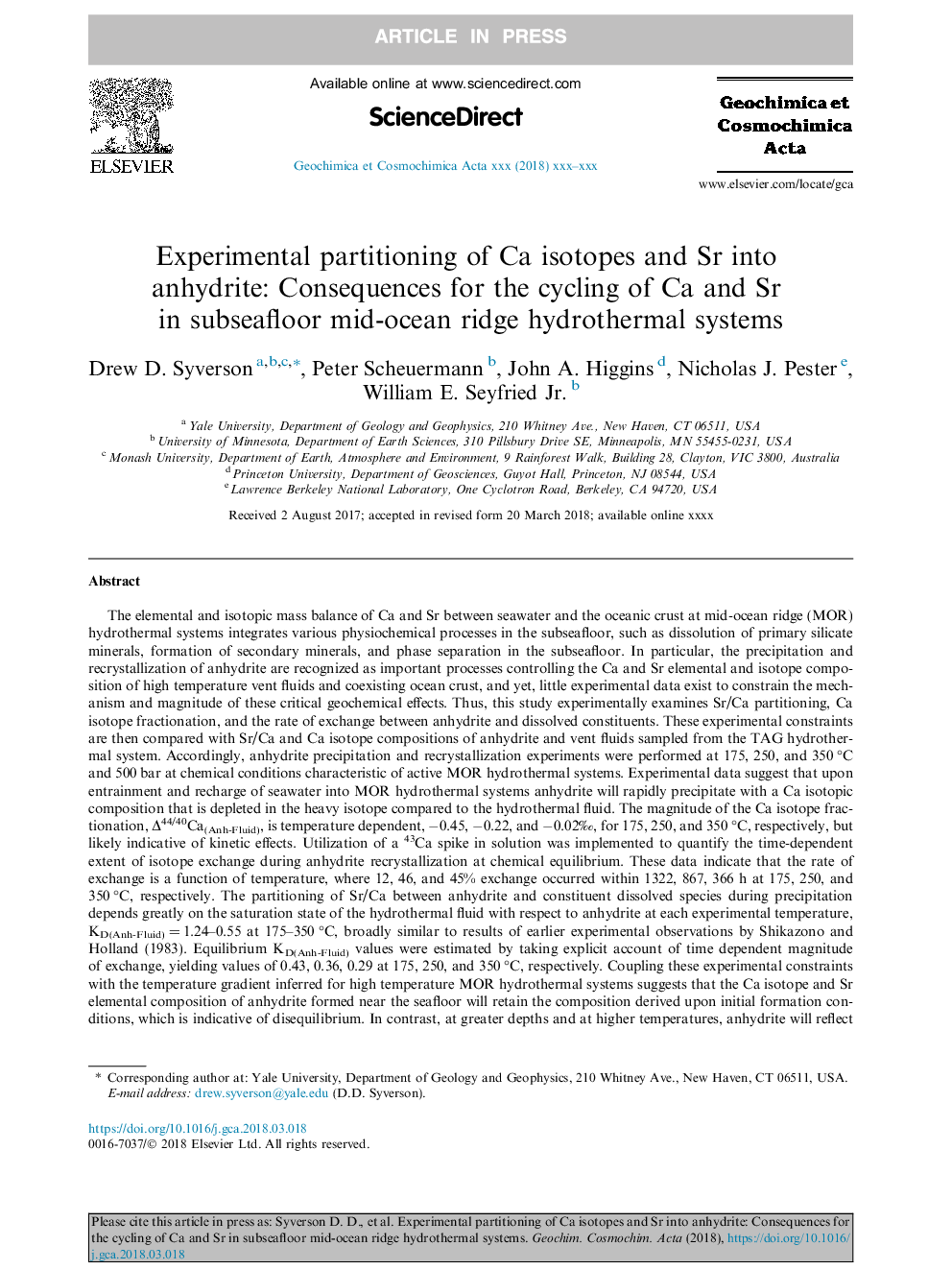 Experimental partitioning of Ca isotopes and Sr into anhydrite: Consequences for the cycling of Ca and Sr in subseafloor mid-ocean ridge hydrothermal systems