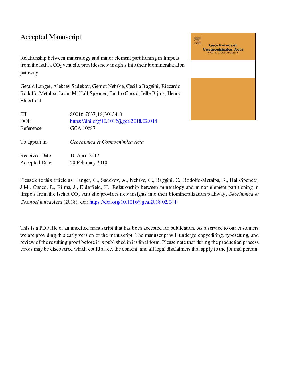 Relationship between mineralogy and minor element partitioning in limpets from an Ischia CO2 vent site provides new insights into their biomineralization pathway