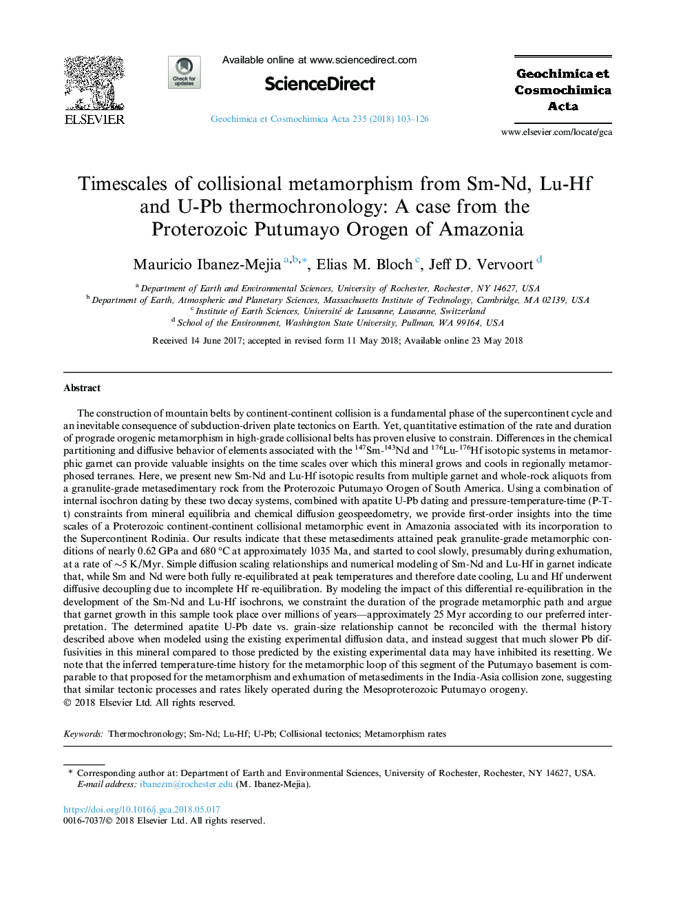 Timescales of collisional metamorphism from Sm-Nd, Lu-Hf and U-Pb thermochronology: A case from the Proterozoic Putumayo Orogen of Amazonia
