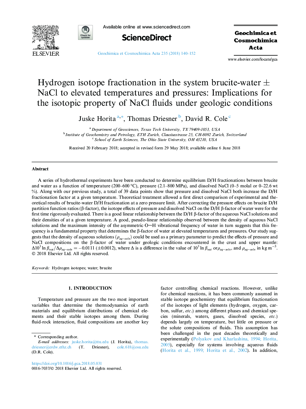 عکس صفحه اول مقاله: Hydrogen isotope fractionation in the system brucite-waterâ¯Â±â¯NaCl to elevated temperatures and pressures: Implications for the isotopic property of NaCl fluids under geologic conditions Hydrogen isotope fractionation in the system brucite-waterâ¯Â±â¯NaCl to elevated temperatures and pressures: Implications for the isotopic property of NaCl fluids under geologic conditions