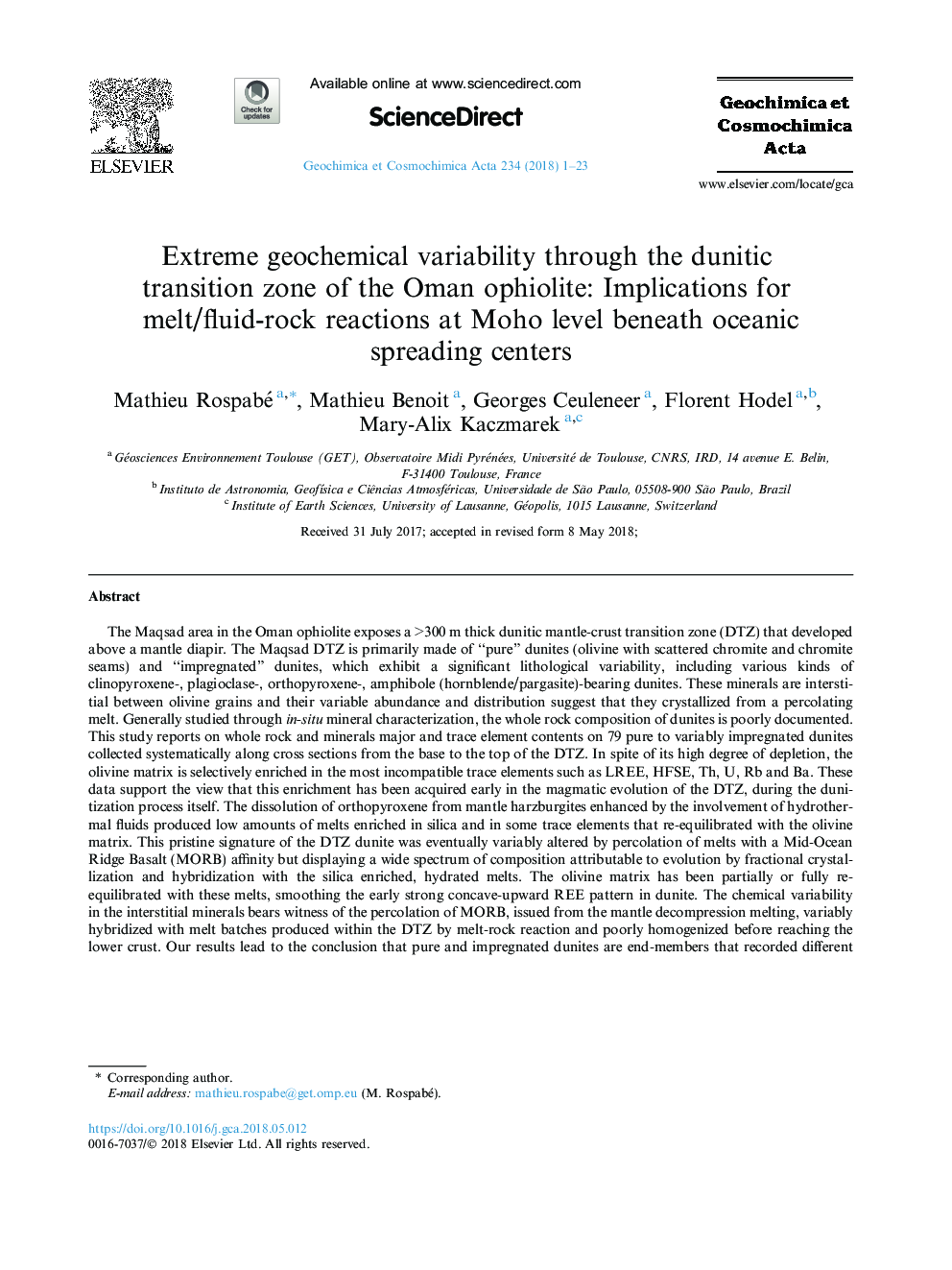 Extreme geochemical variability through the dunitic transition zone of the Oman ophiolite: Implications for melt/fluid-rock reactions at Moho level beneath oceanic spreading centers