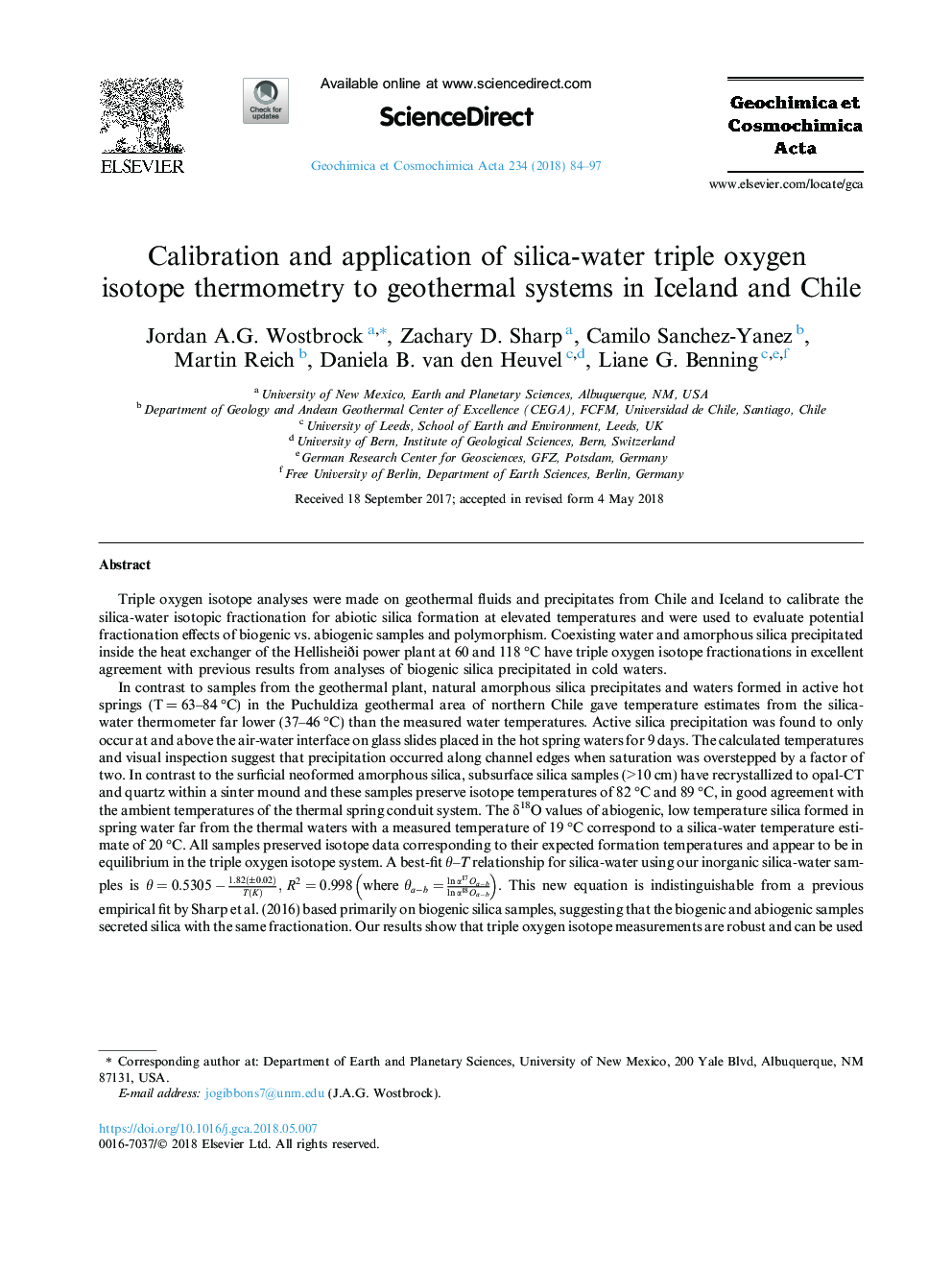 Calibration and application of silica-water triple oxygen isotope thermometry to geothermal systems in Iceland and Chile