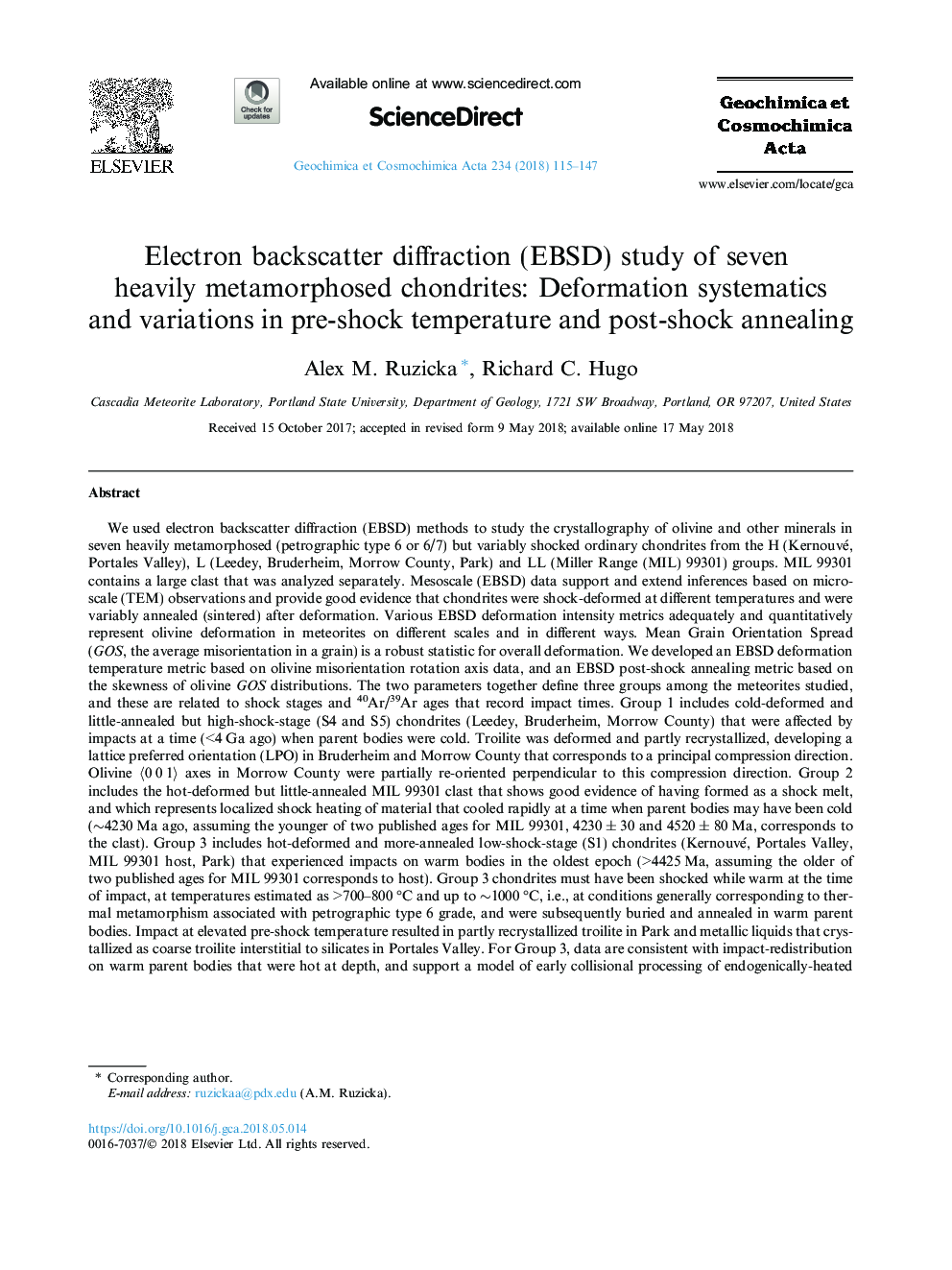 Electron backscatter diffraction (EBSD) study of seven heavily metamorphosed chondrites: Deformation systematics and variations in pre-shock temperature and post-shock annealing