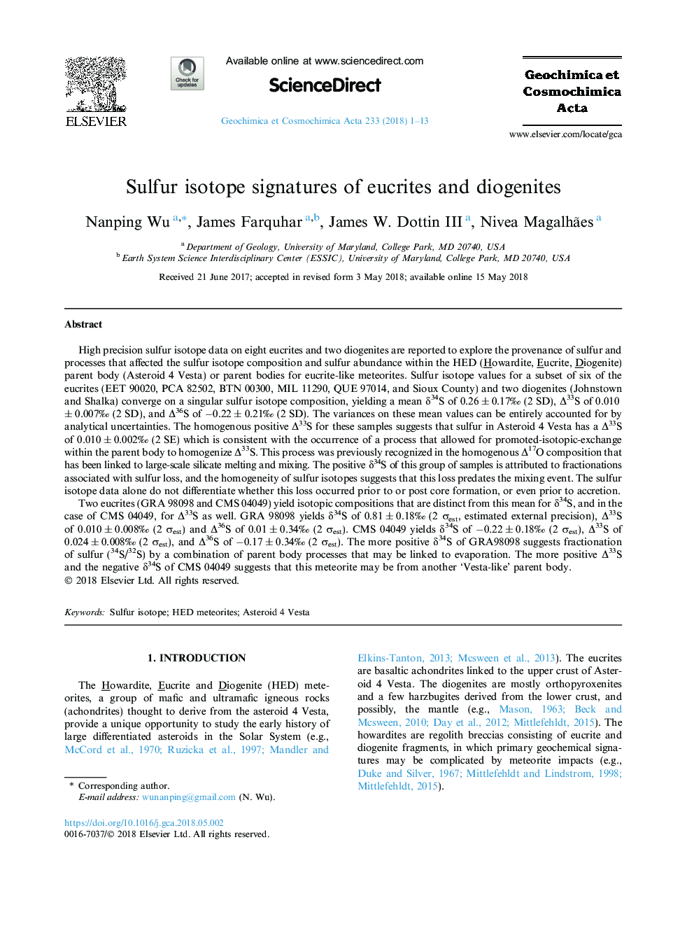 Sulfur isotope signatures of eucrites and diogenites