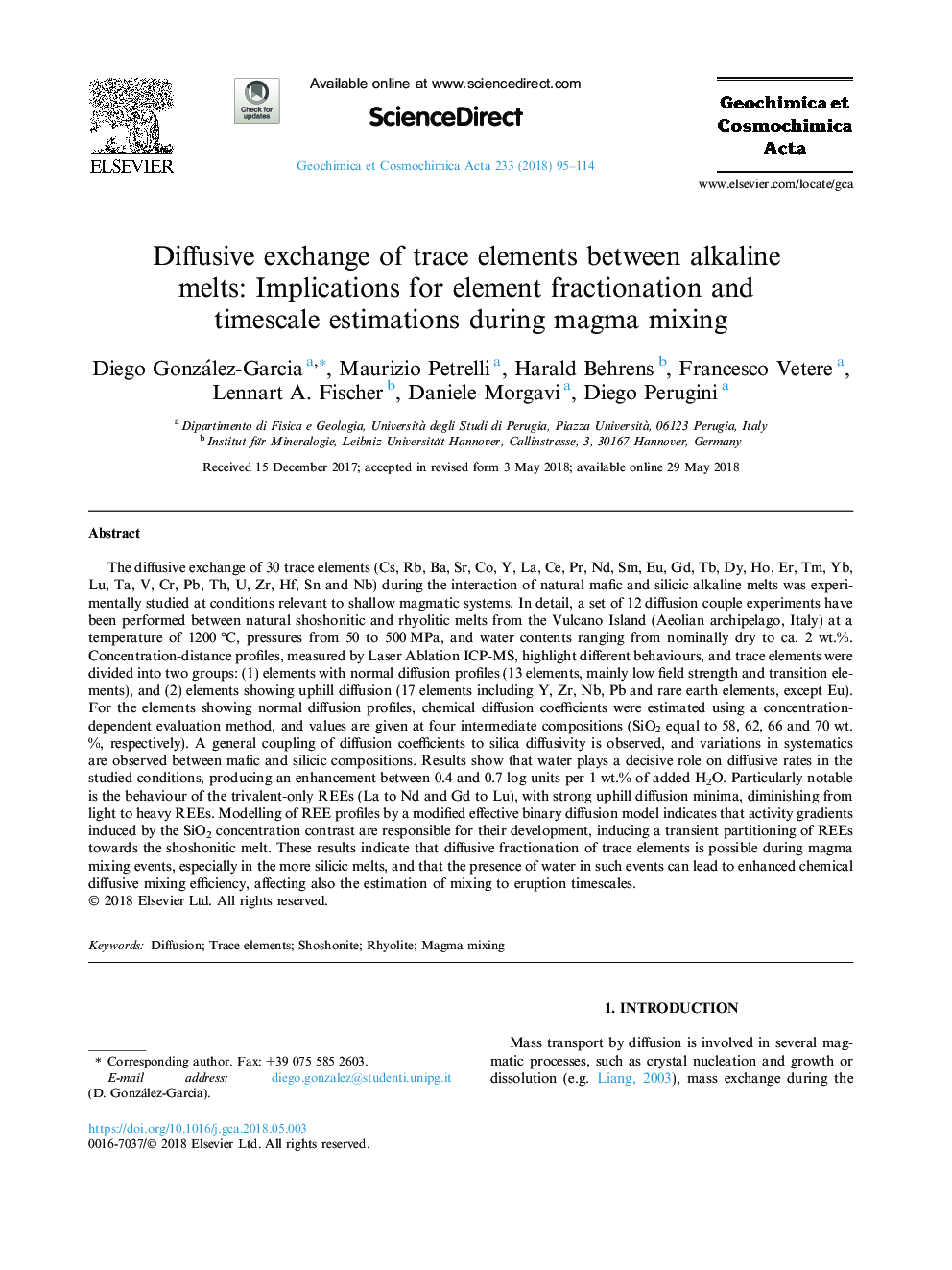 Diffusive exchange of trace elements between alkaline melts: Implications for element fractionation and timescale estimations during magma mixing