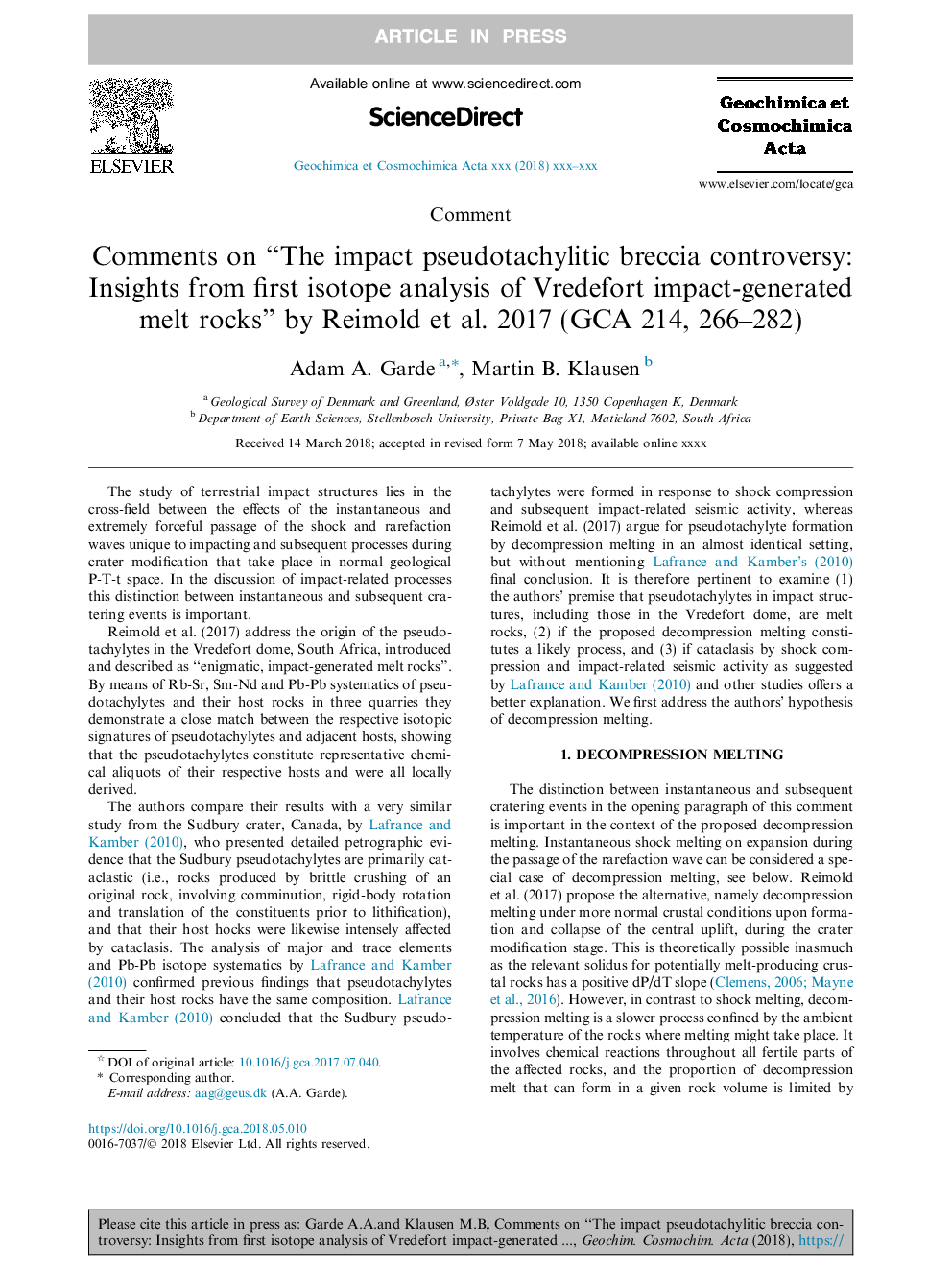 Comments on “The impact pseudotachylitic breccia controversy: Insights from first isotope analysis of Vredefort impact-generated melt rocks” by Reimold et al. 2017 (GCA 214, 266-282)