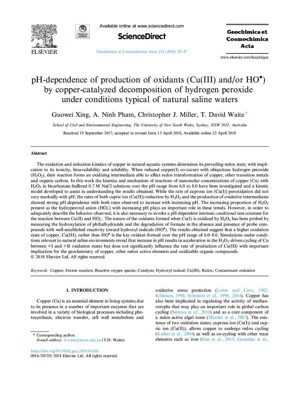 pH-dependence of production of oxidants (Cu(III) and/or HOâ¢) by copper-catalyzed decomposition of hydrogen peroxide under conditions typical of natural saline waters