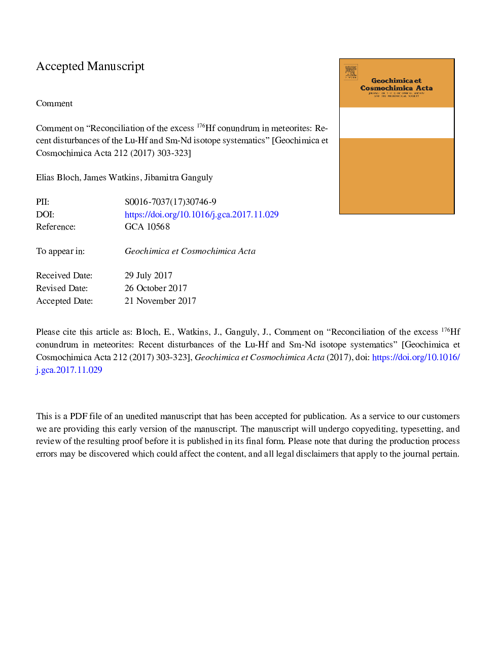 Comment on “Reconciliation of the excess 176Hf conundrum in meteorites: Recent disturbances of the Lu-Hf and Sm-Nd isotope systematics” [Geochim. Cosmochim. Acta 212 (2017) 303-323]