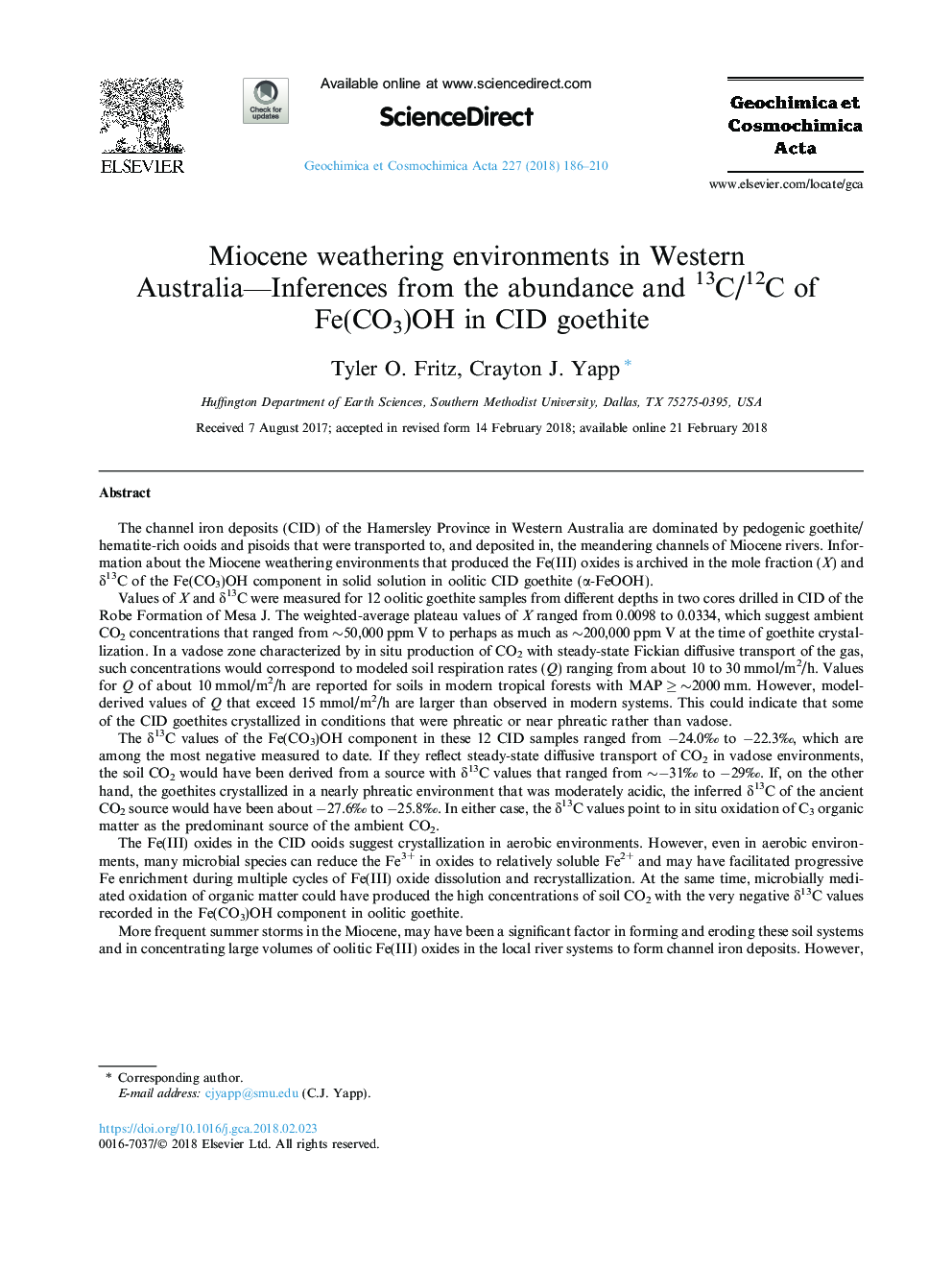 Miocene weathering environments in Western Australia-Inferences from the abundance and 13C/12C of Fe(CO3)OH in CID goethite