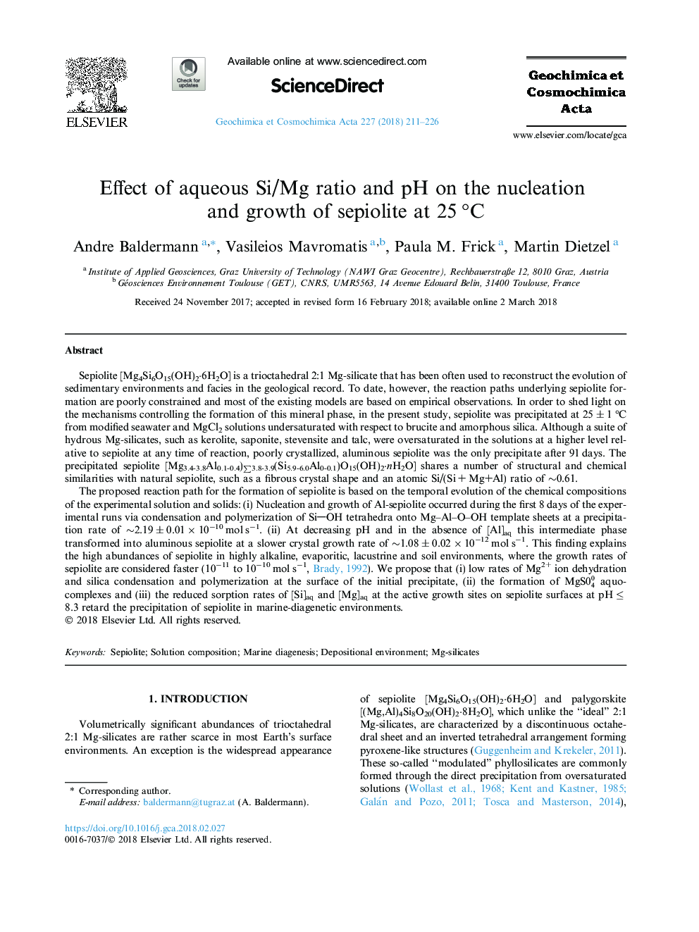 Effect of aqueous Si/Mg ratio and pH on the nucleation and growth of sepiolite at 25â¯Â°C