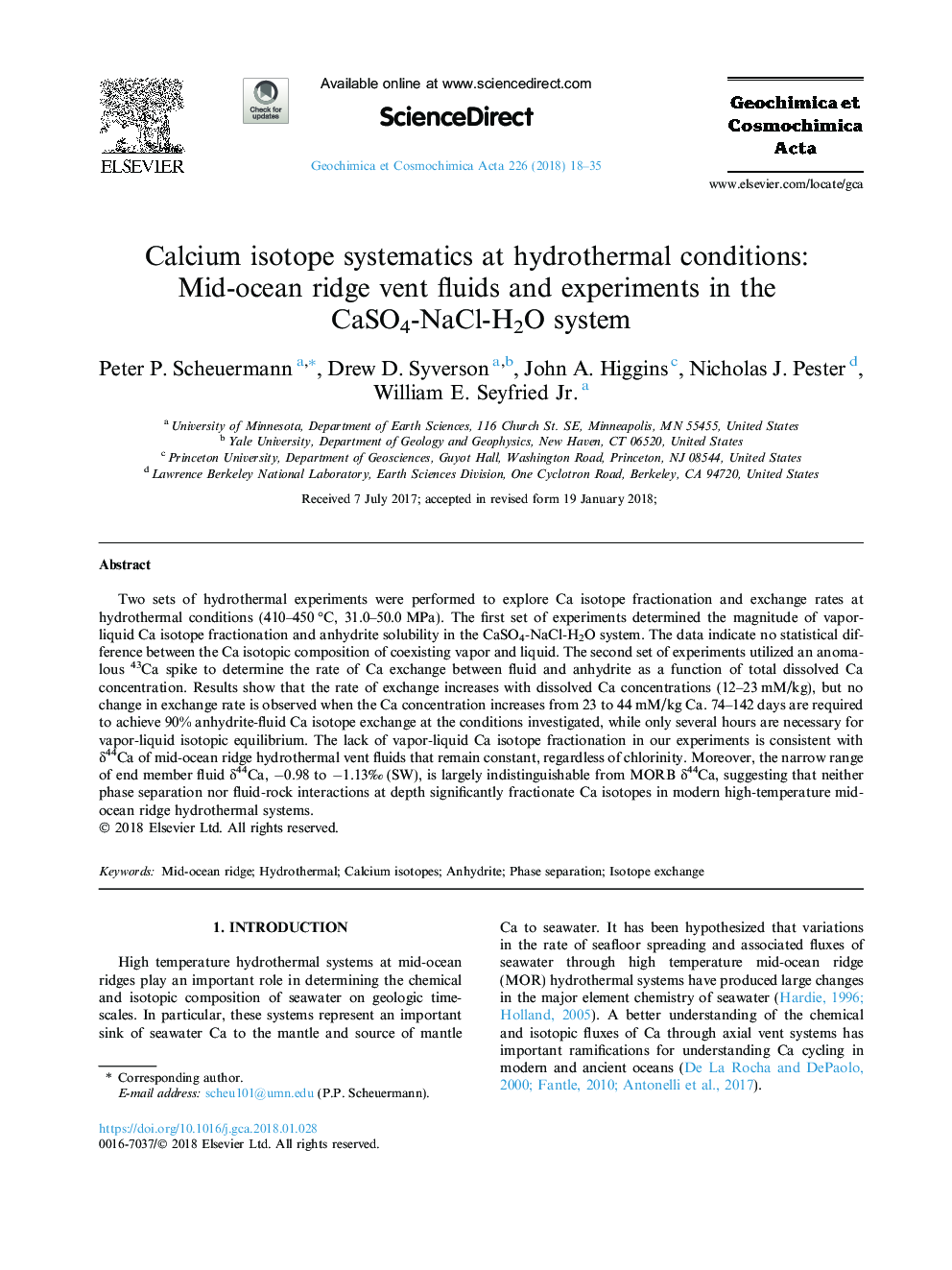 Calcium isotope systematics at hydrothermal conditions: Mid-ocean ridge vent fluids and experiments in the CaSO4-NaCl-H2O system