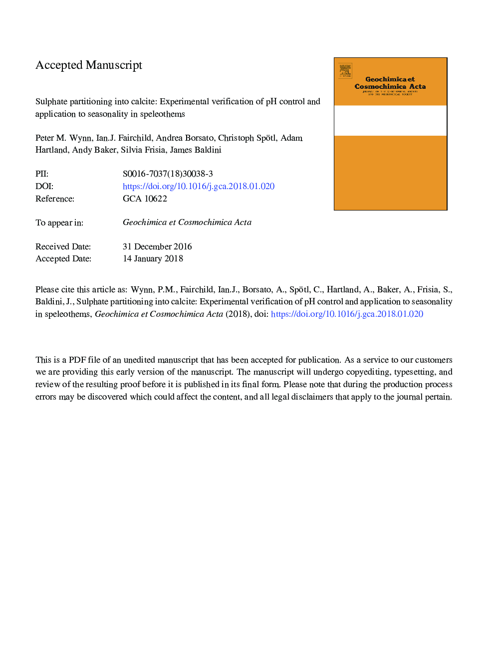 عکس صفحه اول مقاله: Sulphate partitioning into calcite: Experimental verification of pH control and application to seasonality in speleothems Sulphate partitioning into calcite: Experimental verification of pH control and application to seasonality in speleothems