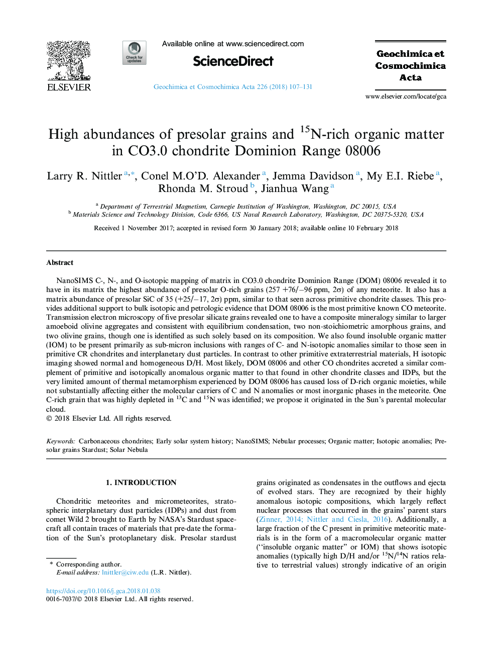 High abundances of presolar grains and 15N-rich organic matter in CO3.0 chondrite Dominion Range 08006