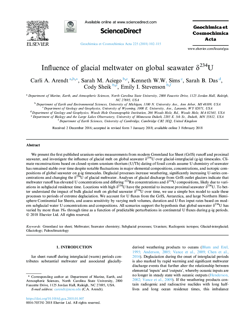 Influence of glacial meltwater on global seawater Î´234U