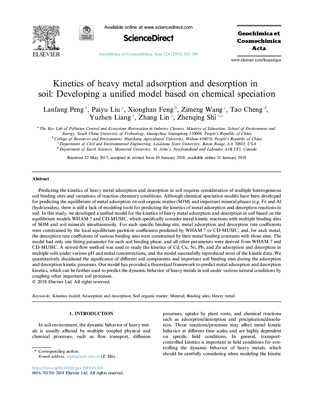 Kinetics of heavy metal adsorption and desorption in soil: Developing a unified model based on chemical speciation