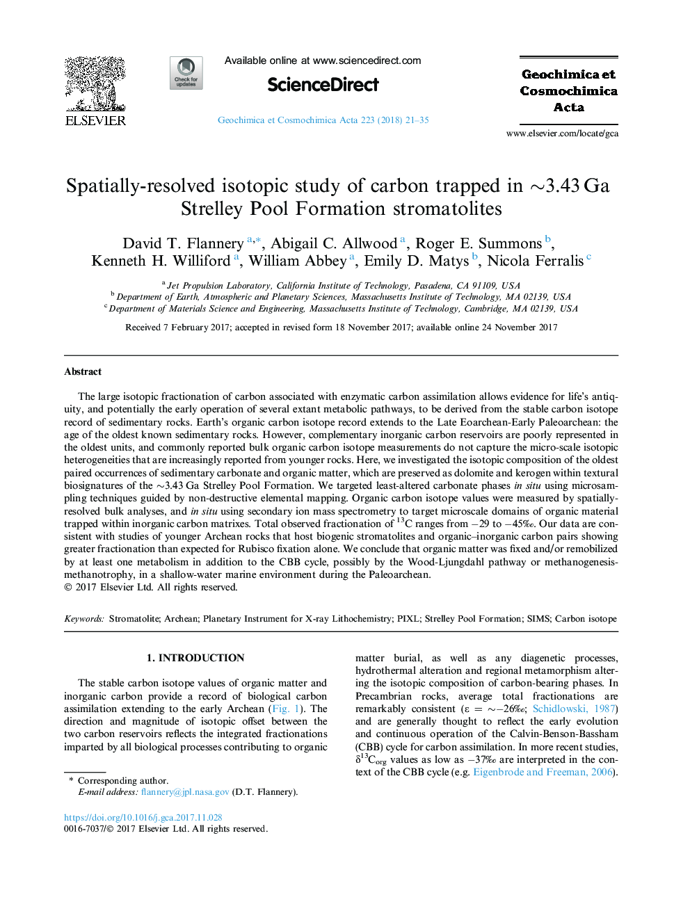 Spatially-resolved isotopic study of carbon trapped in â¼3.43â¯Ga Strelley Pool Formation stromatolites