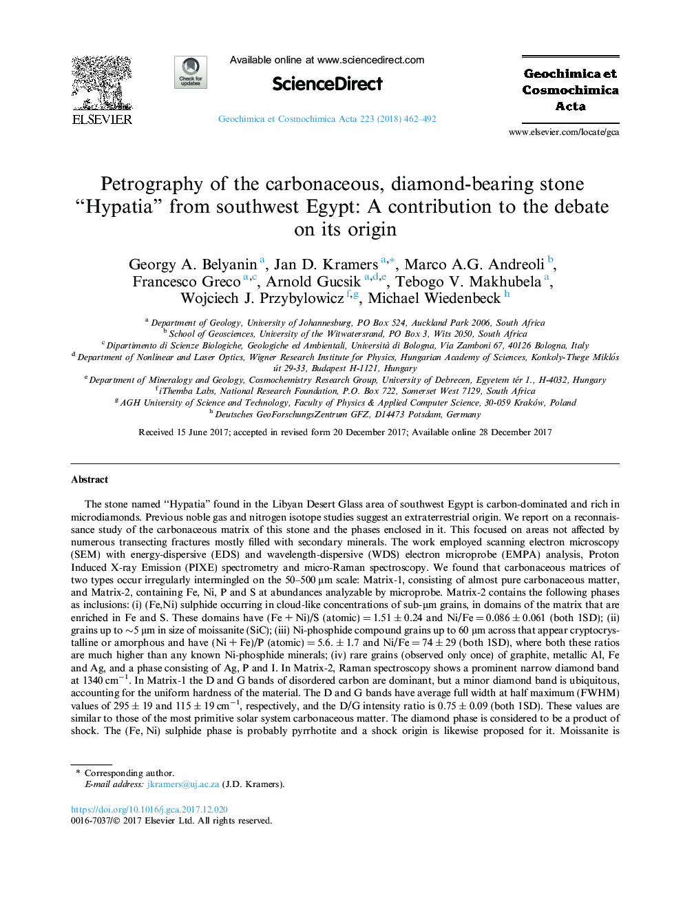 Petrography of the carbonaceous, diamond-bearing stone “Hypatia” from southwest Egypt: A contribution to the debate on its origin