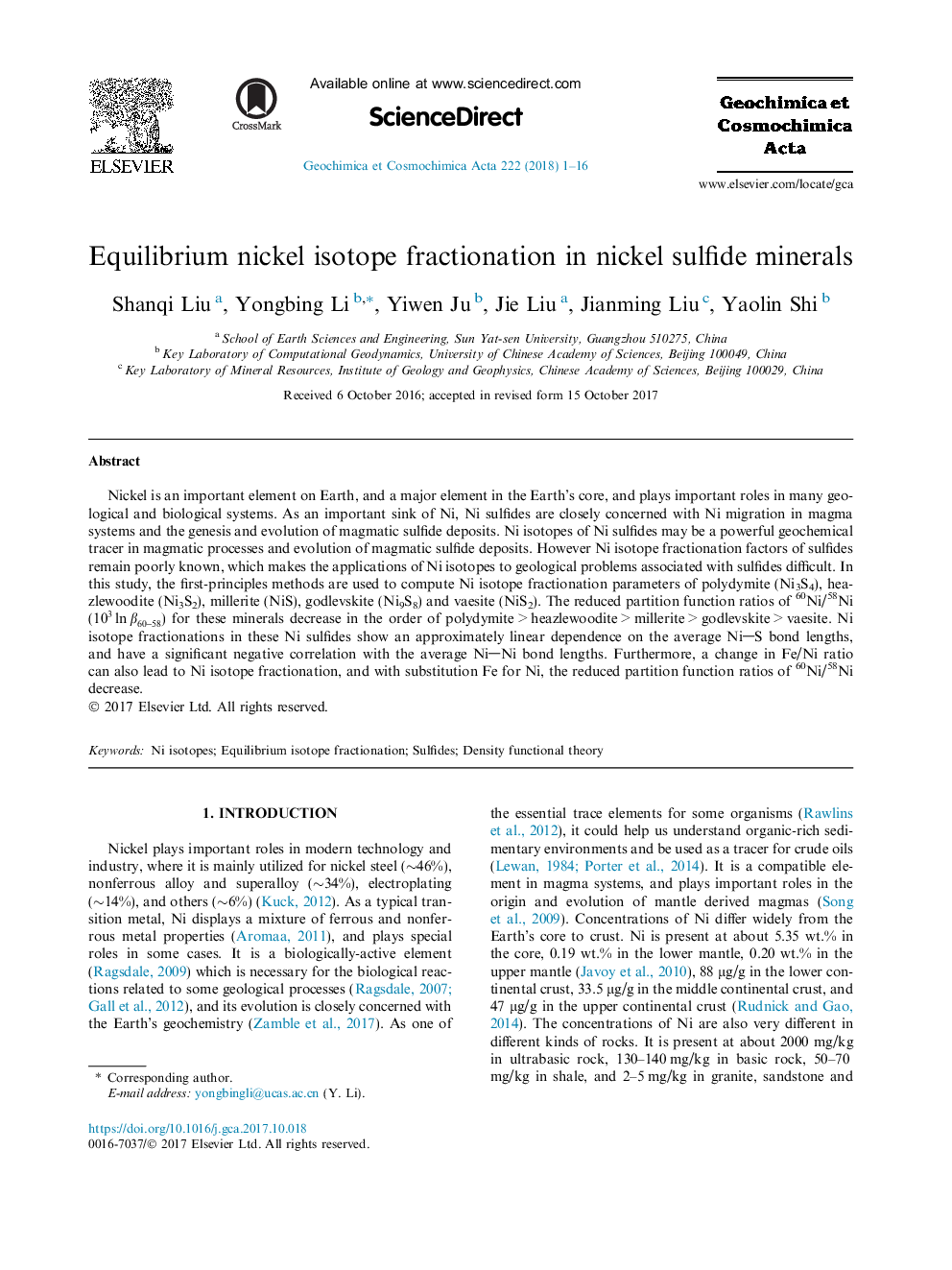 Equilibrium nickel isotope fractionation in nickel sulfide minerals