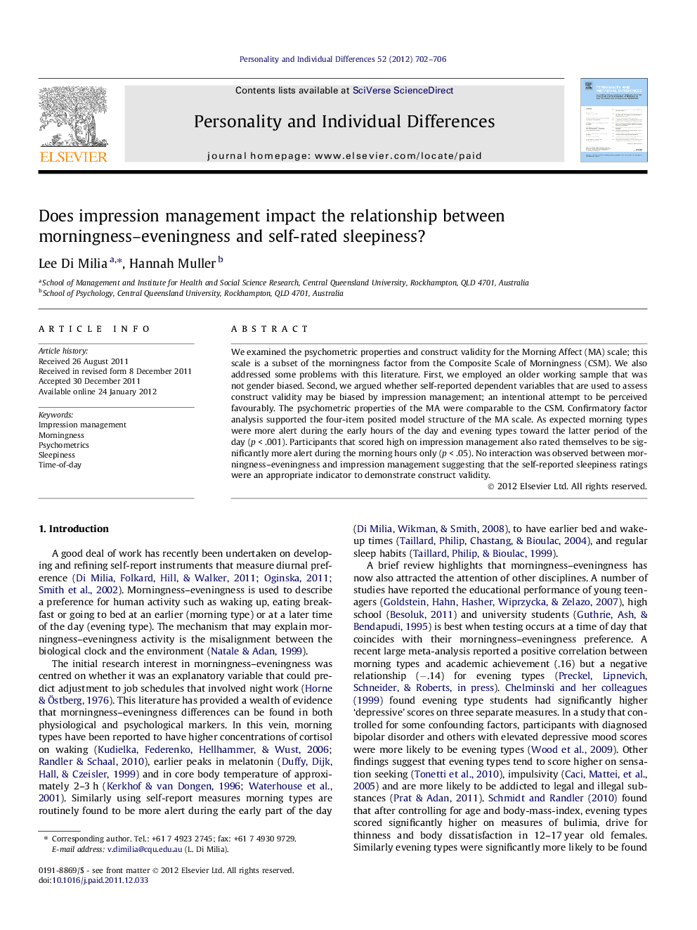 Does impression management impact the relationship between morningness–eveningness and self-rated sleepiness?