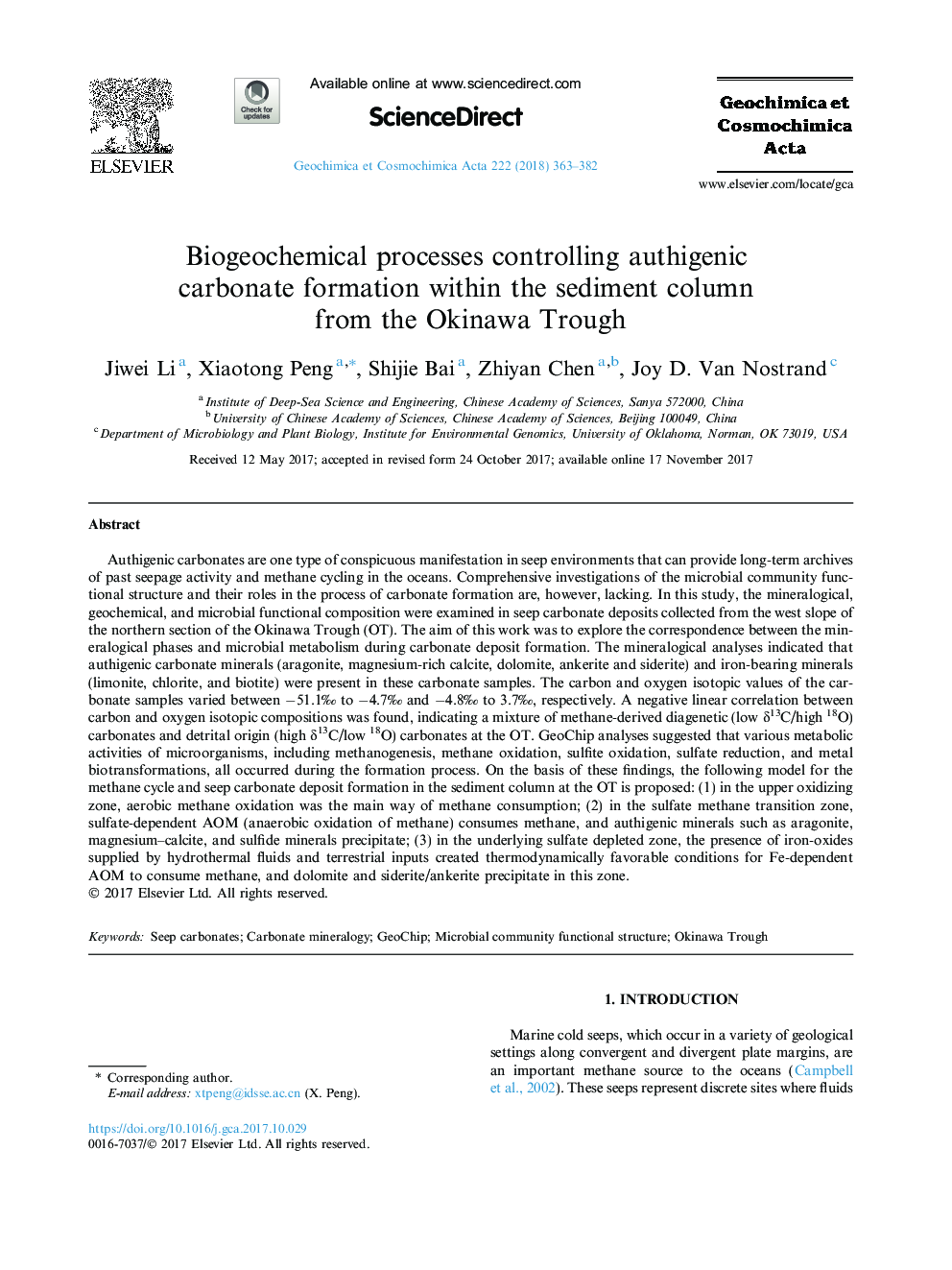 Biogeochemical processes controlling authigenic carbonate formation within the sediment column from the Okinawa Trough