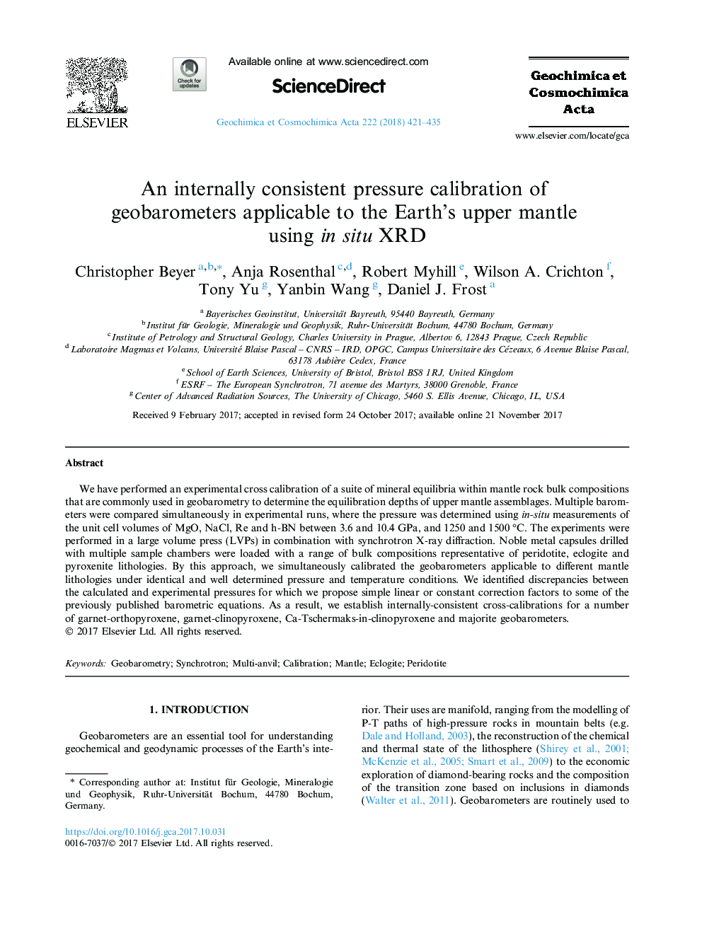 An internally consistent pressure calibration of geobarometers applicable to the Earth's upper mantle using in situ XRD