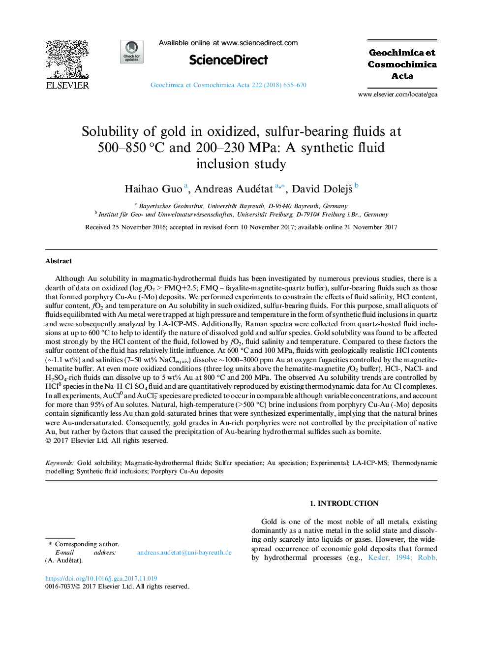 Solubility of gold in oxidized, sulfur-bearing fluids at 500-850â¯Â°C and 200-230â¯MPa: A synthetic fluid inclusion study