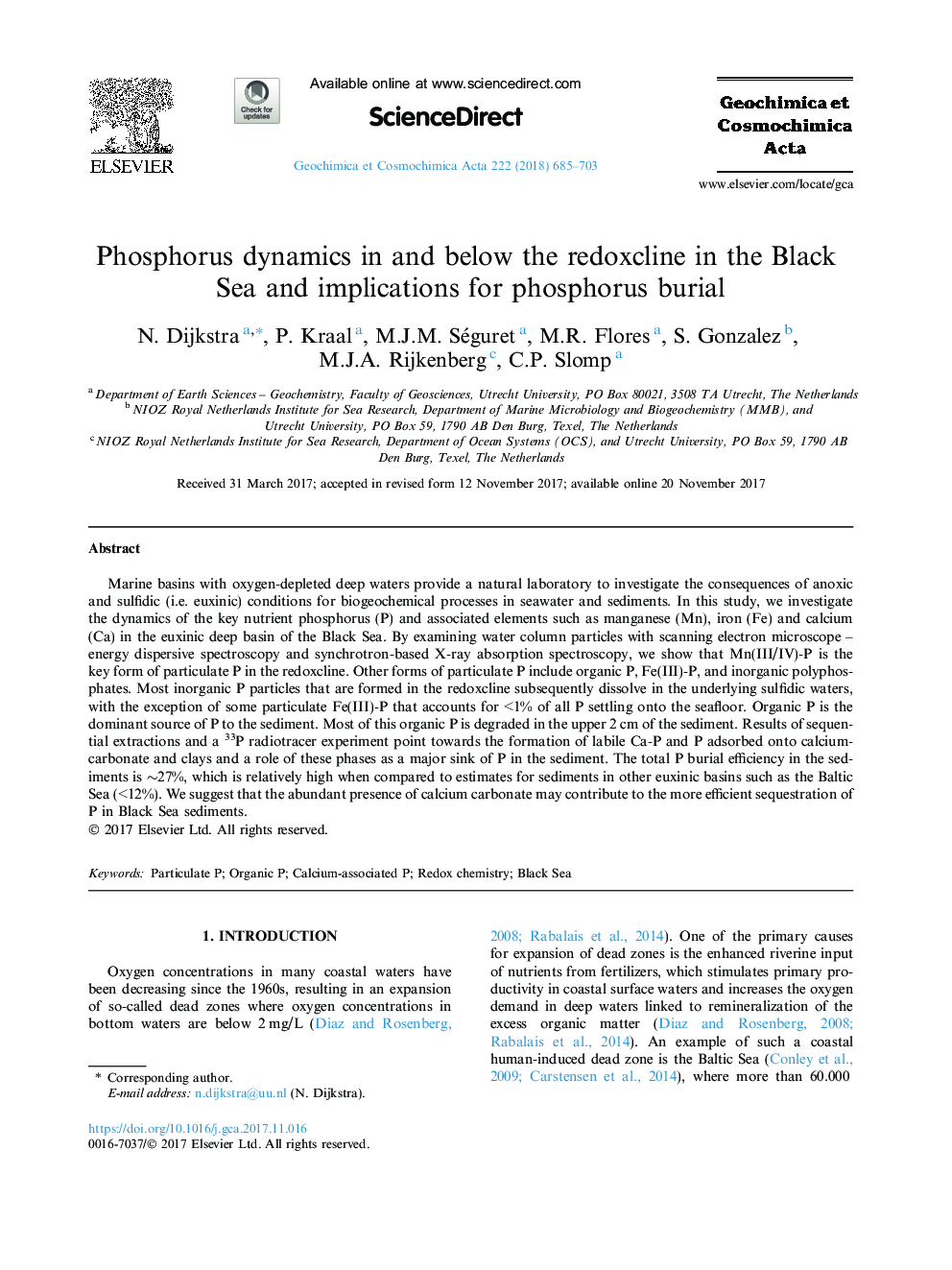 Phosphorus dynamics in and below the redoxcline in the Black Sea and implications for phosphorus burial