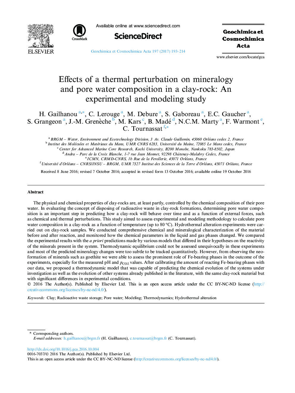 Effects of a thermal perturbation on mineralogy and pore water composition in a clay-rock: An experimental and modeling study