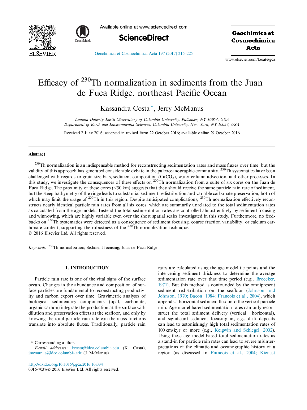 Efficacy of 230Th normalization in sediments from the Juan de Fuca Ridge, northeast Pacific Ocean
