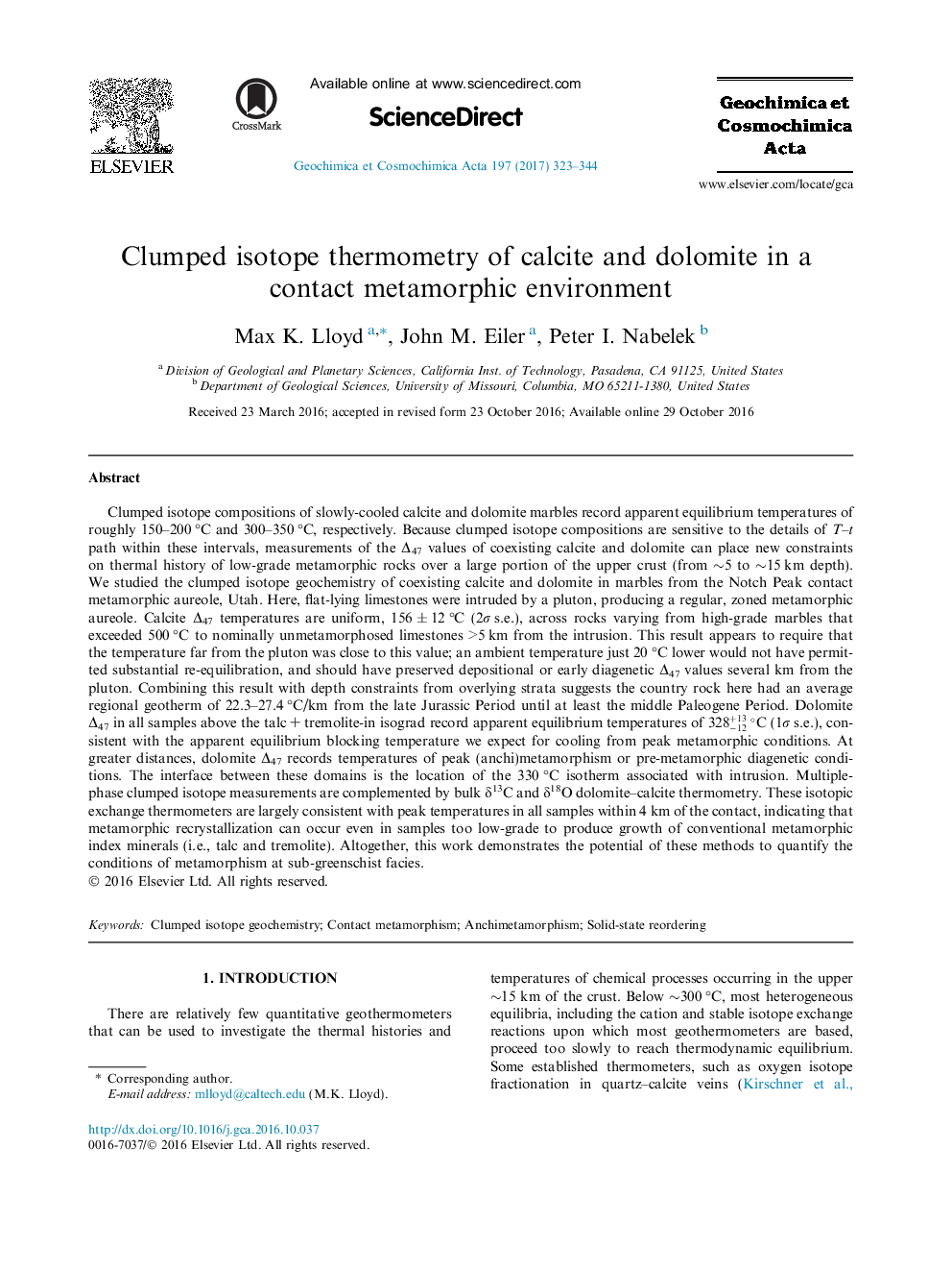 Clumped isotope thermometry of calcite and dolomite in a contact metamorphic environment