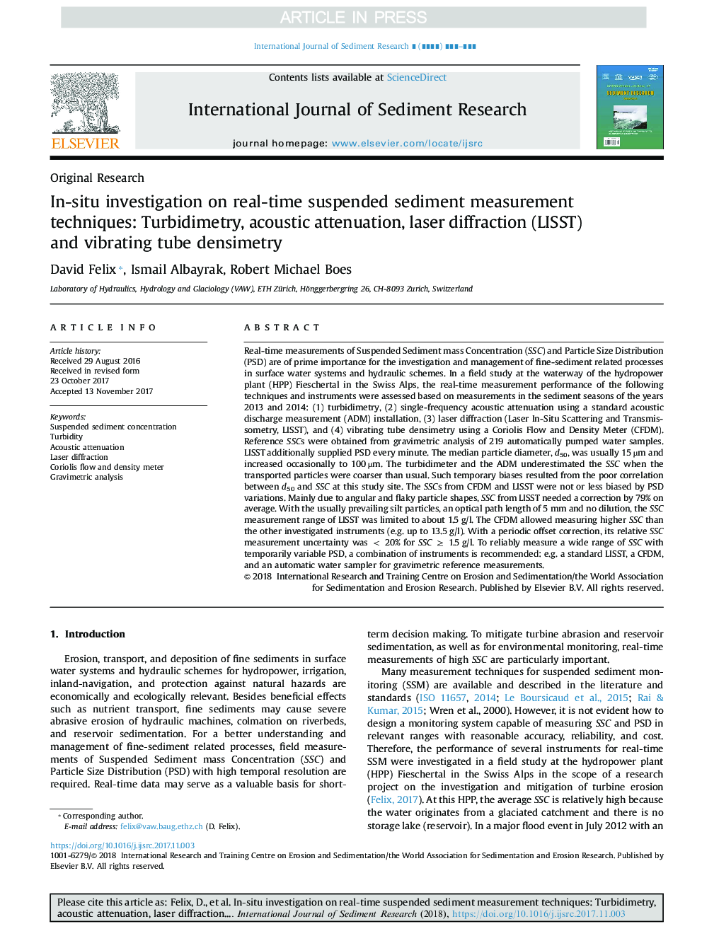 In-situ investigation on real-time suspended sediment measurement techniques: Turbidimetry, acoustic attenuation, laser diffraction (LISST) and vibrating tube densimetry