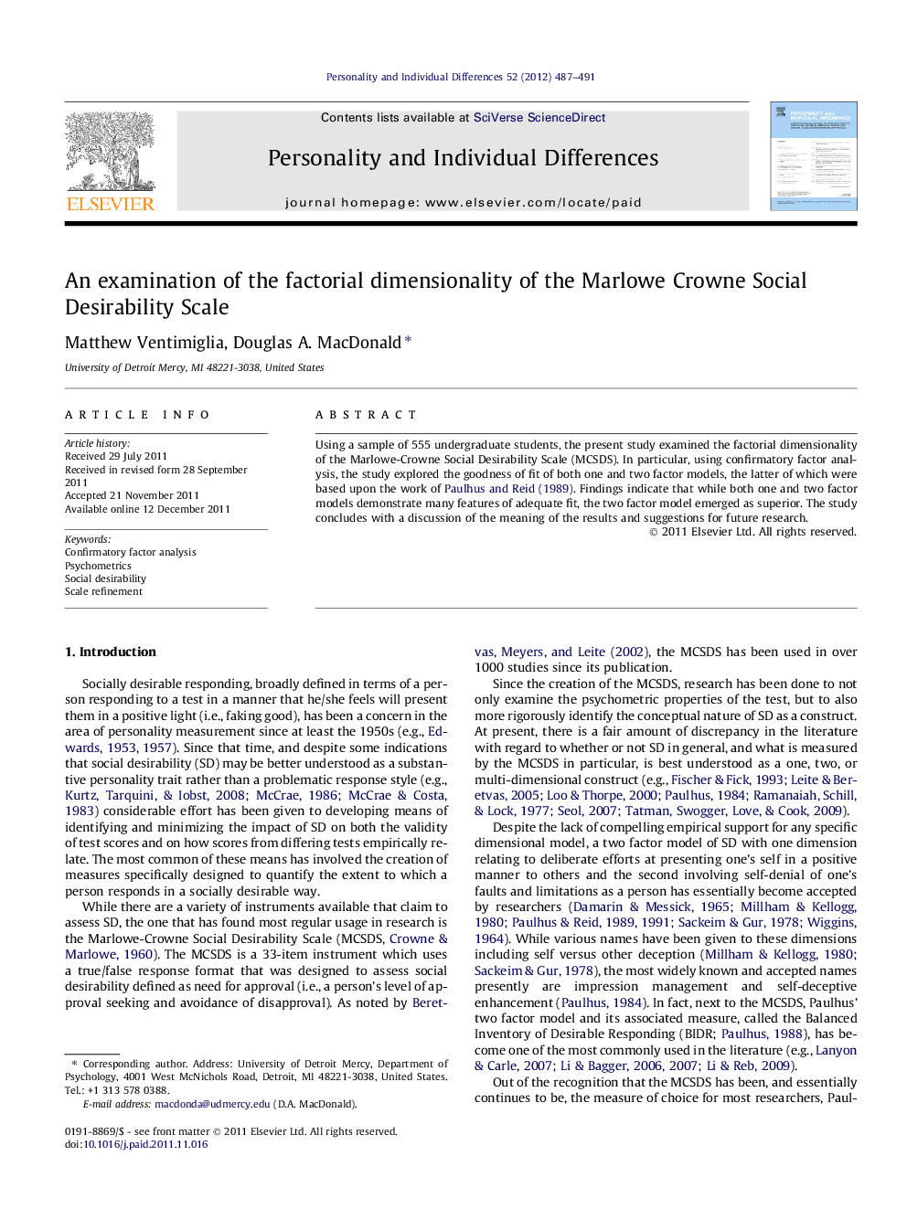 An examination of the factorial dimensionality of the Marlowe Crowne Social Desirability Scale