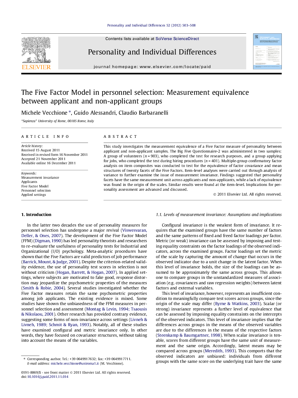 The Five Factor Model in personnel selection: Measurement equivalence between applicant and non-applicant groups