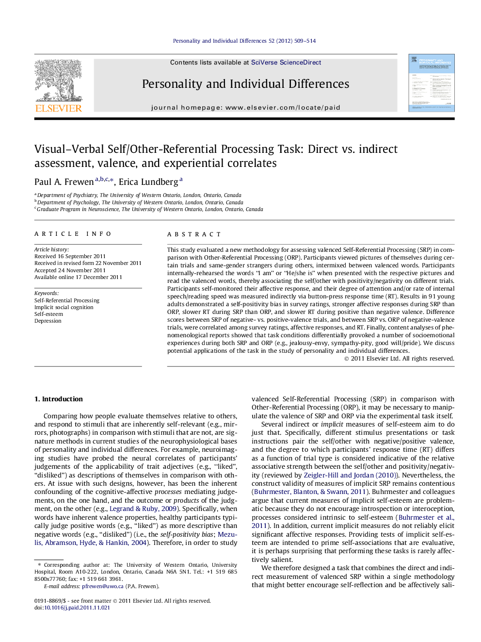 Visual–Verbal Self/Other-Referential Processing Task: Direct vs. indirect assessment, valence, and experiential correlates