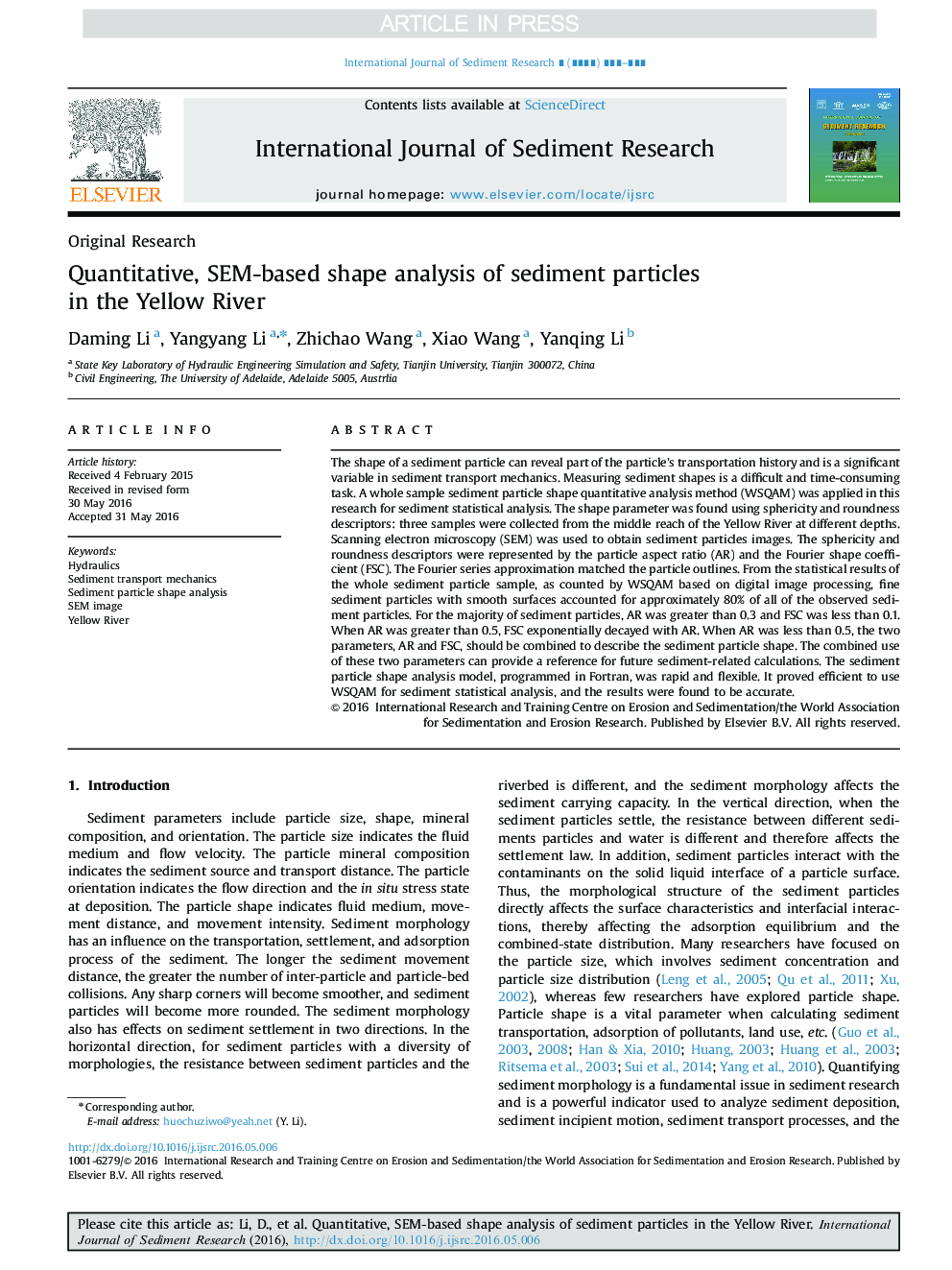 Quantitative, SEM-based shape analysis of sediment particles in the Yellow River