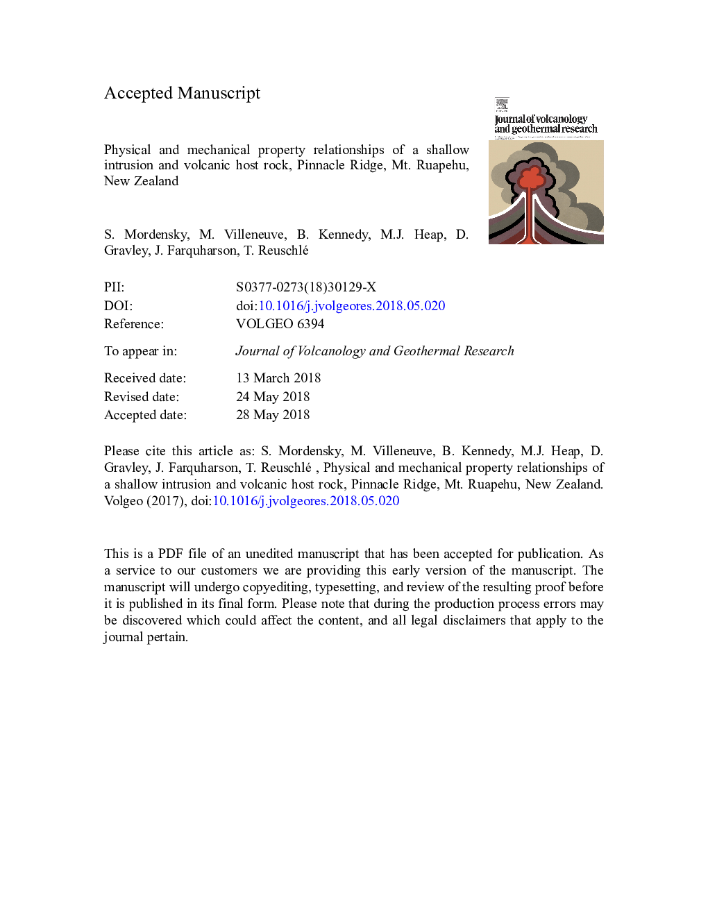 Physical and mechanical property relationships of a shallow intrusion and volcanic host rock, Pinnacle Ridge, Mt. Ruapehu, New Zealand