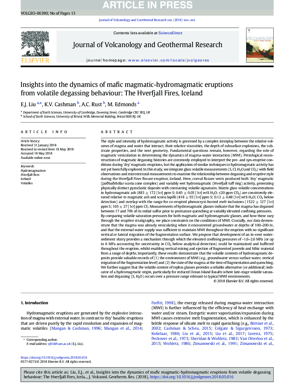 عکس صفحه اول مقاله: Insights into the dynamics of mafic magmatic-hydromagmatic eruptions from volatile degassing behaviour: The Hverfjall Fires, Iceland Insights into the dynamics of mafic magmatic-hydromagmatic eruptions from volatile degassing behaviour: The Hverfjall Fires, Iceland