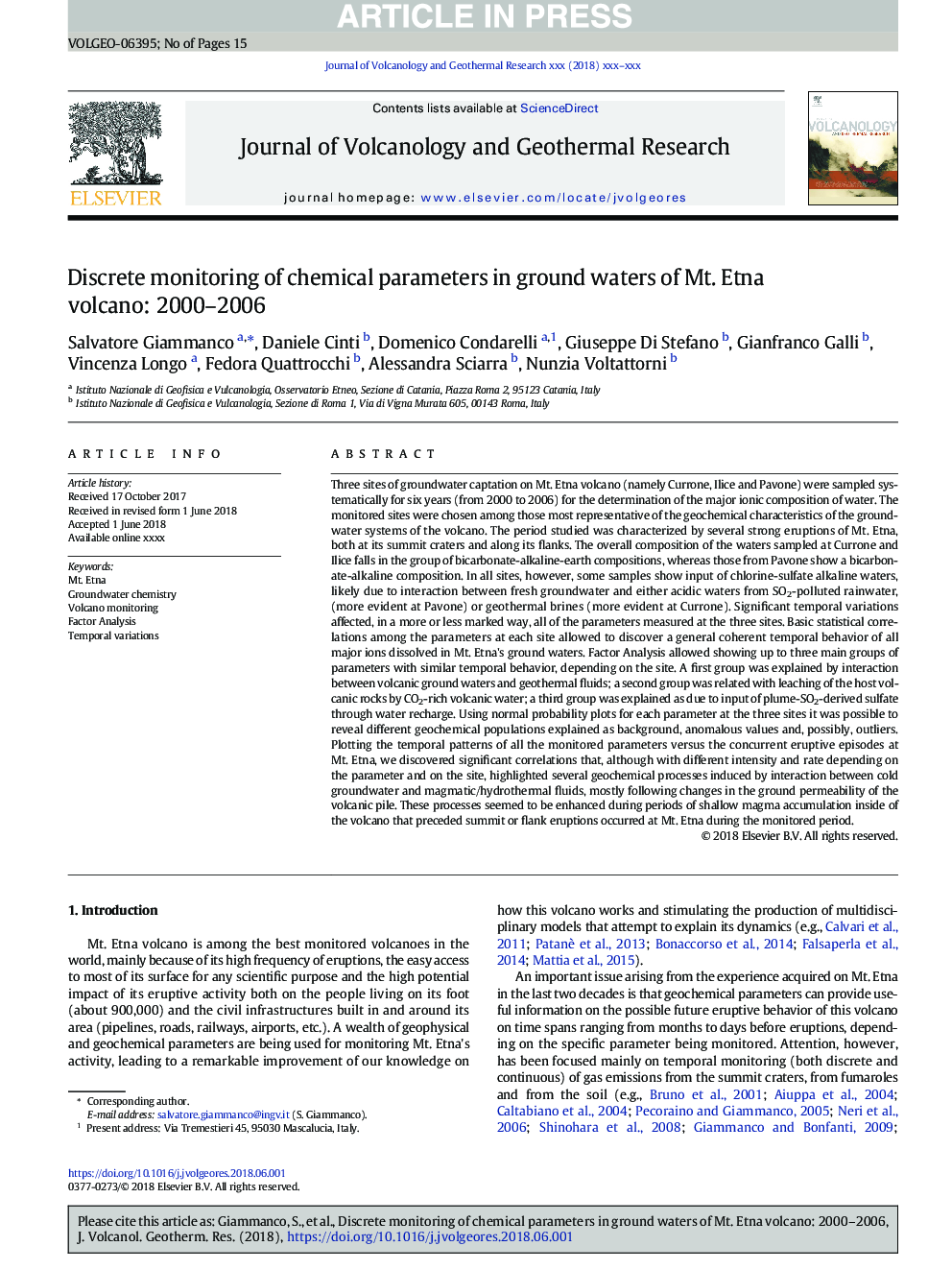 Discrete monitoring of chemical parameters in ground waters of Mt. Etna volcano: 2000-2006