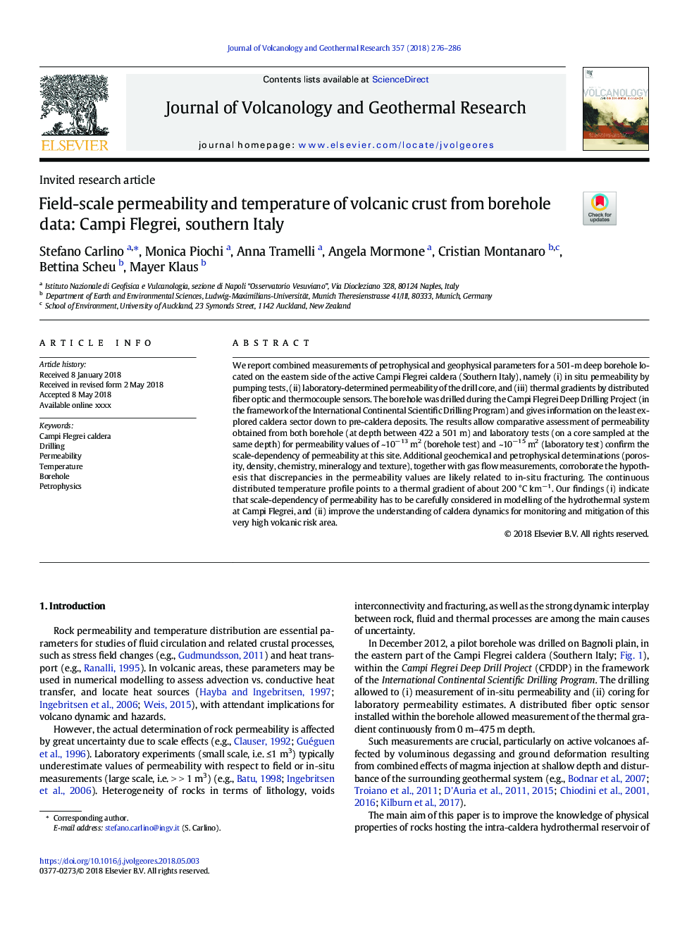 Field-scale permeability and temperature of volcanic crust from borehole data: Campi Flegrei, southern Italy