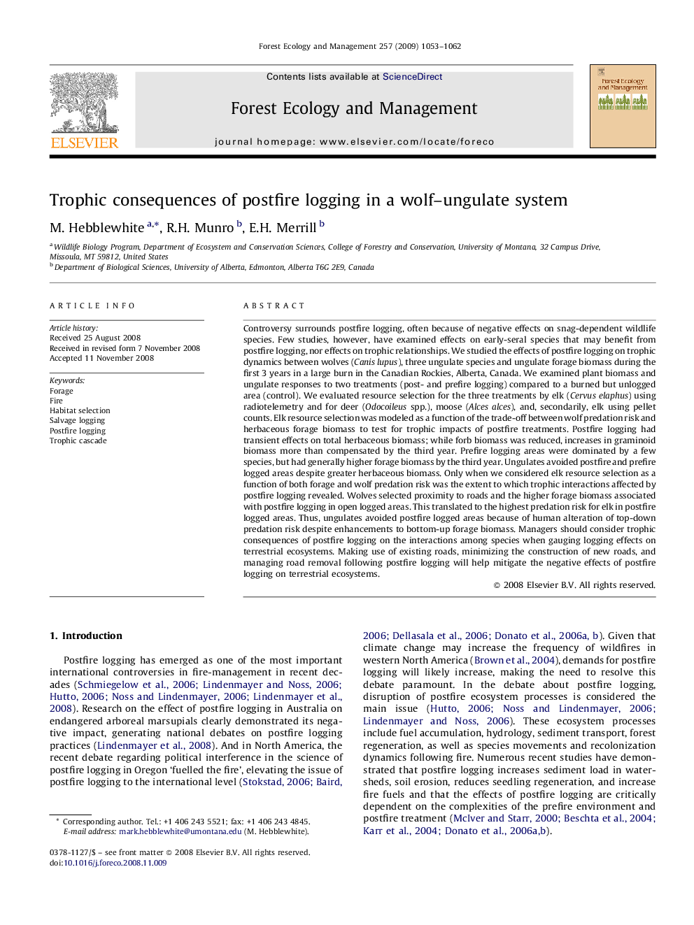 Trophic consequences of postfire logging in a wolf–ungulate system