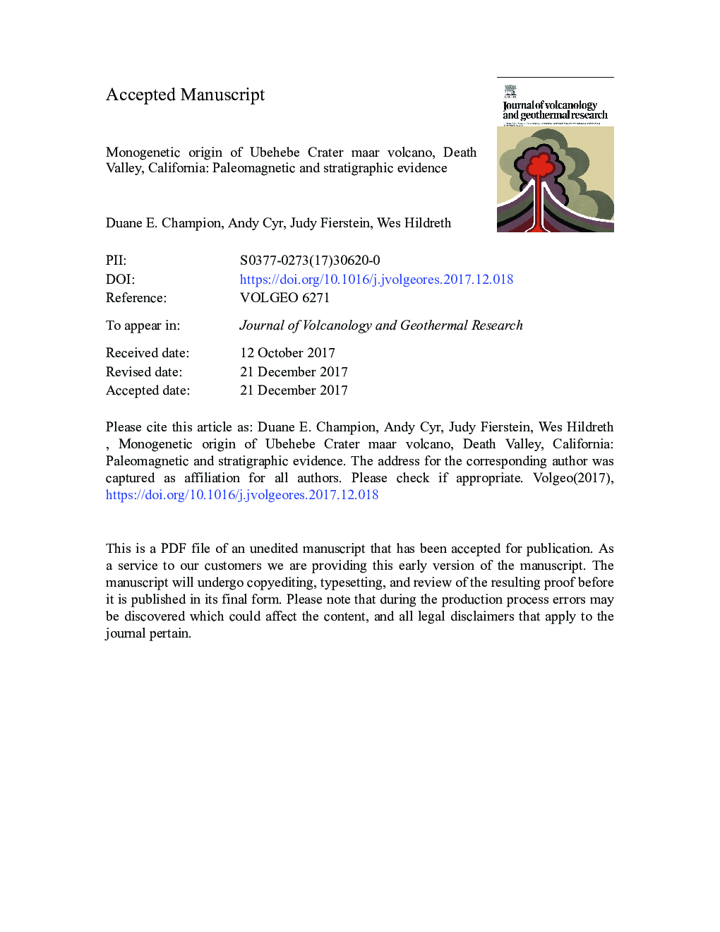 Monogenetic origin of Ubehebe Crater maar volcano, Death Valley, California: Paleomagnetic and stratigraphic evidence