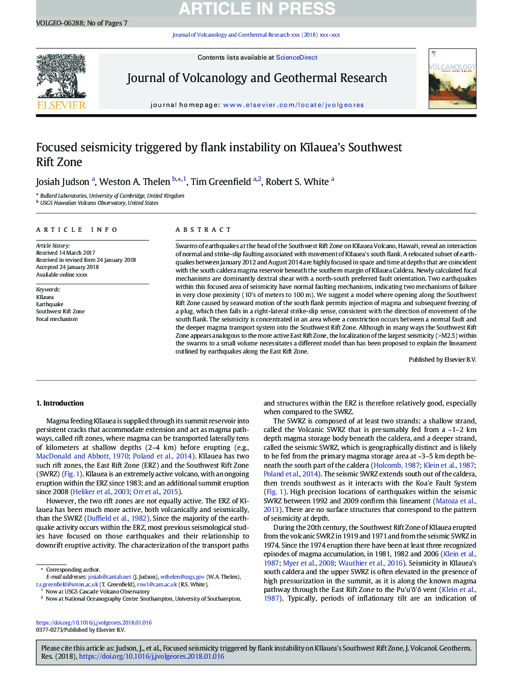 Focused seismicity triggered by flank instability on KÄ«lauea's Southwest Rift Zone