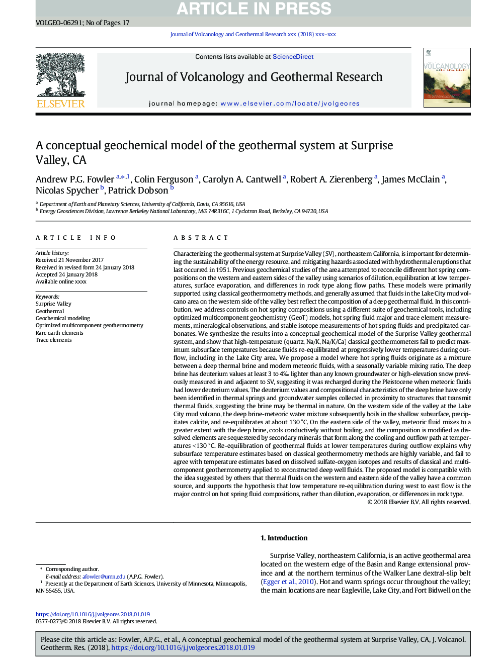 A conceptual geochemical model of the geothermal system at Surprise Valley, CA