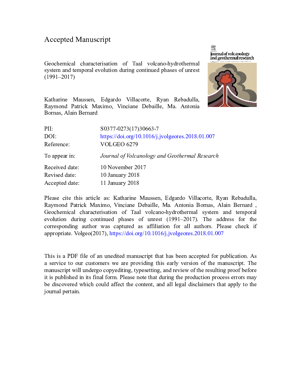 Geochemical characterisation of Taal volcano-hydrothermal system and temporal evolution during continued phases of unrest (1991-2017)