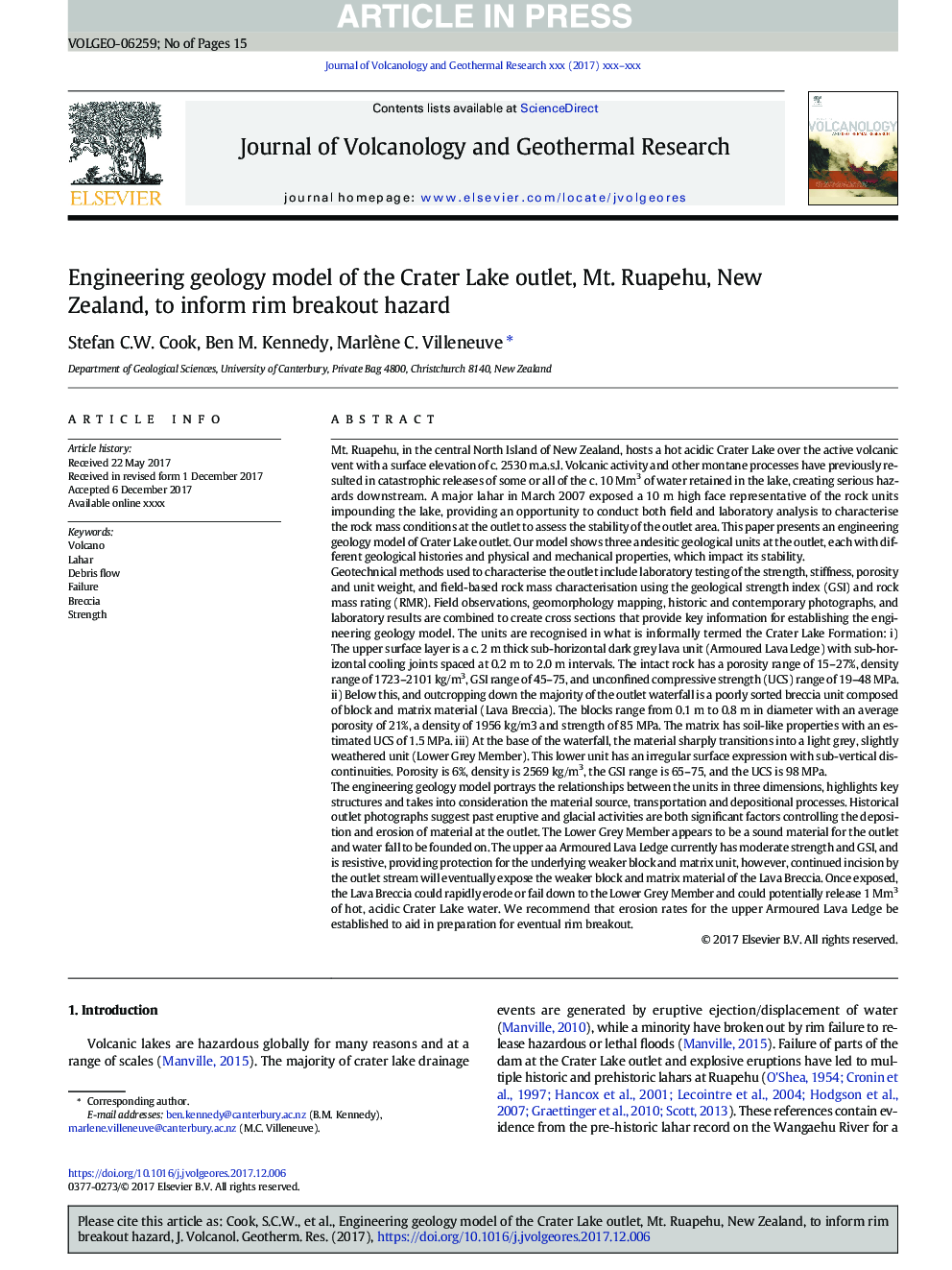 Engineering geology model of the Crater Lake outlet, Mt. Ruapehu, New Zealand, to inform rim breakout hazard