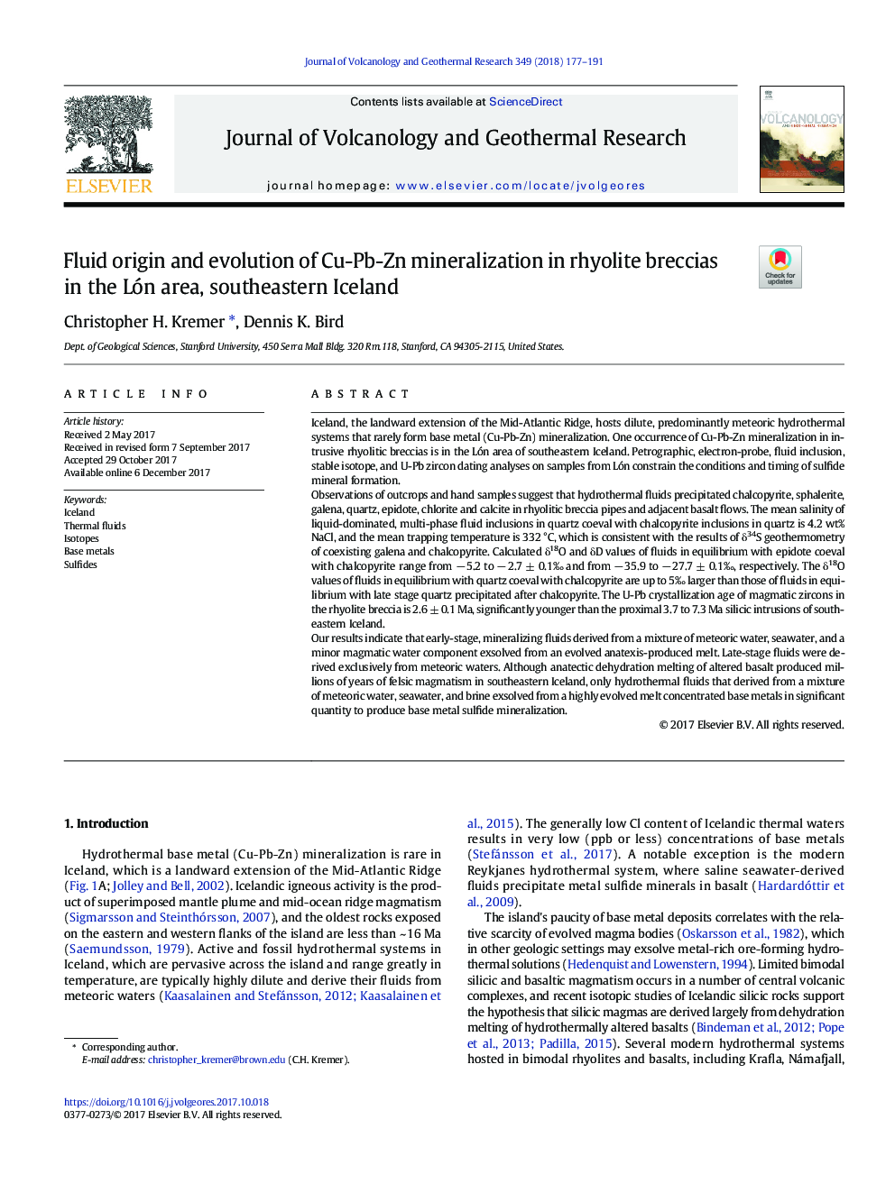 Fluid origin and evolution of Cu-Pb-Zn mineralization in rhyolite breccias in the Lón area, southeastern Iceland