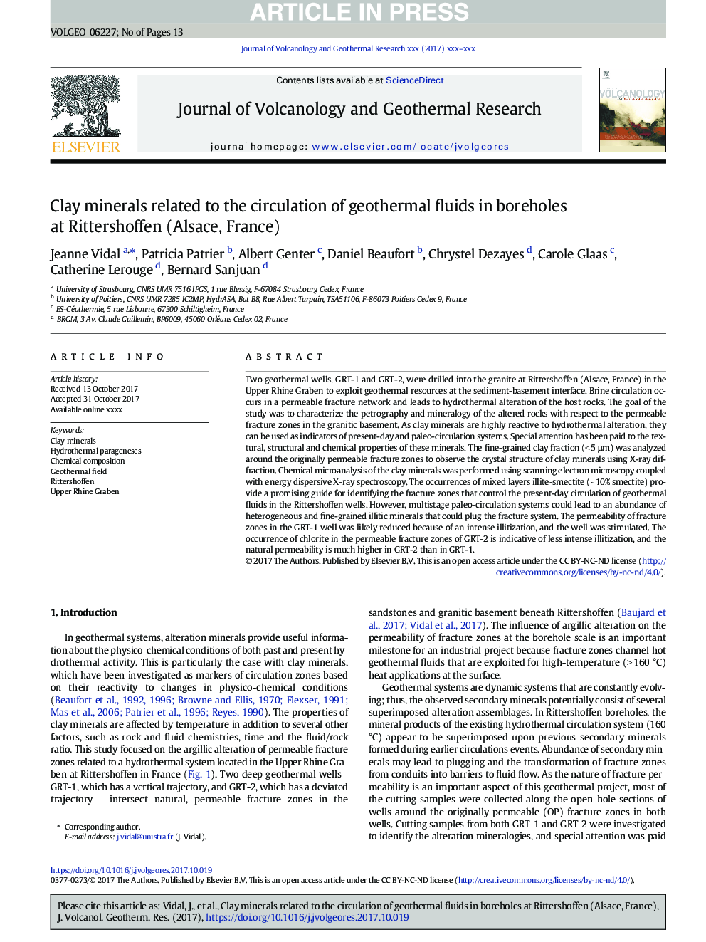 Clay minerals related to the circulation of geothermal fluids in boreholes at Rittershoffen (Alsace, France)